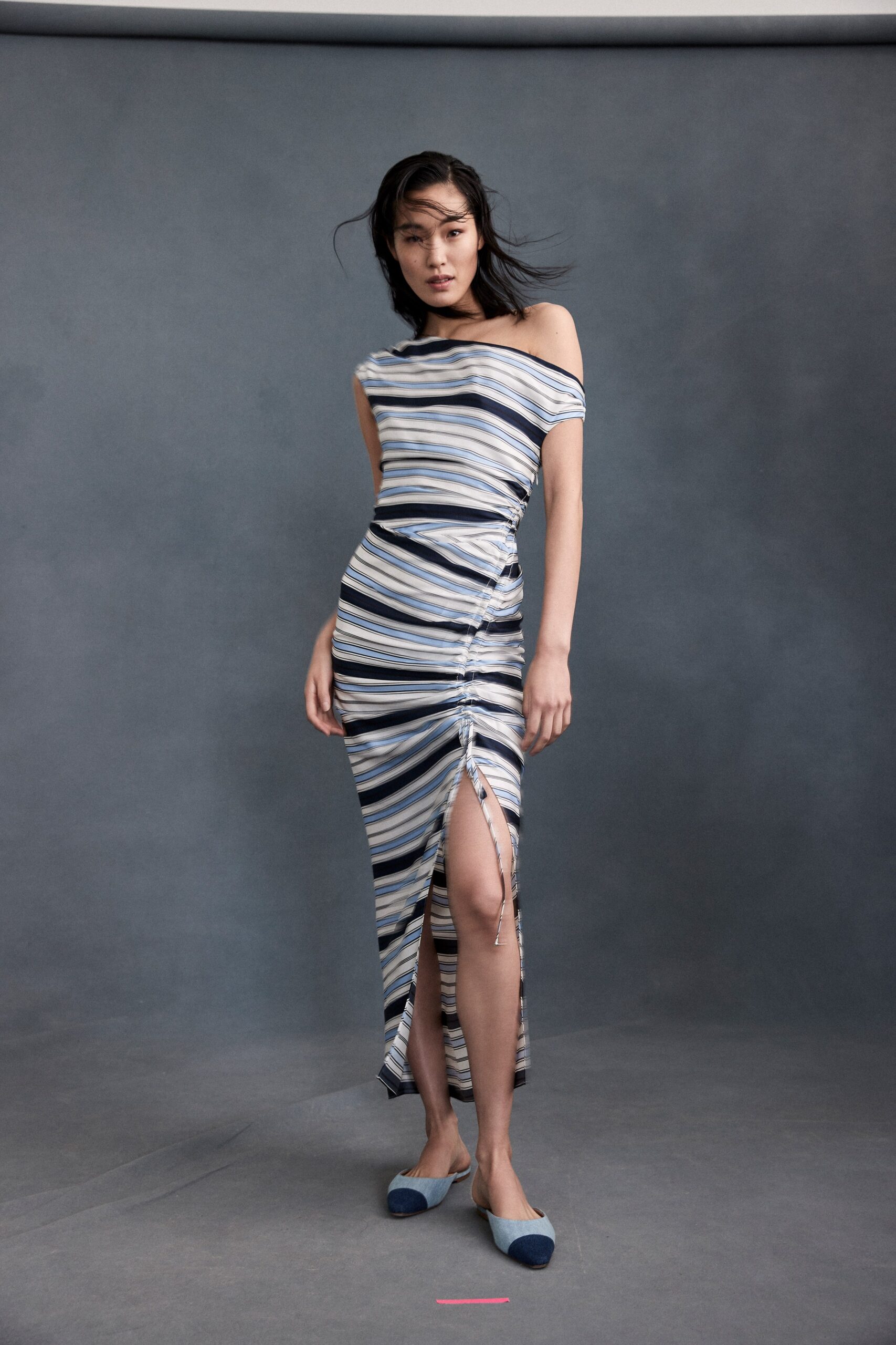 blue and white off-shoulder dress