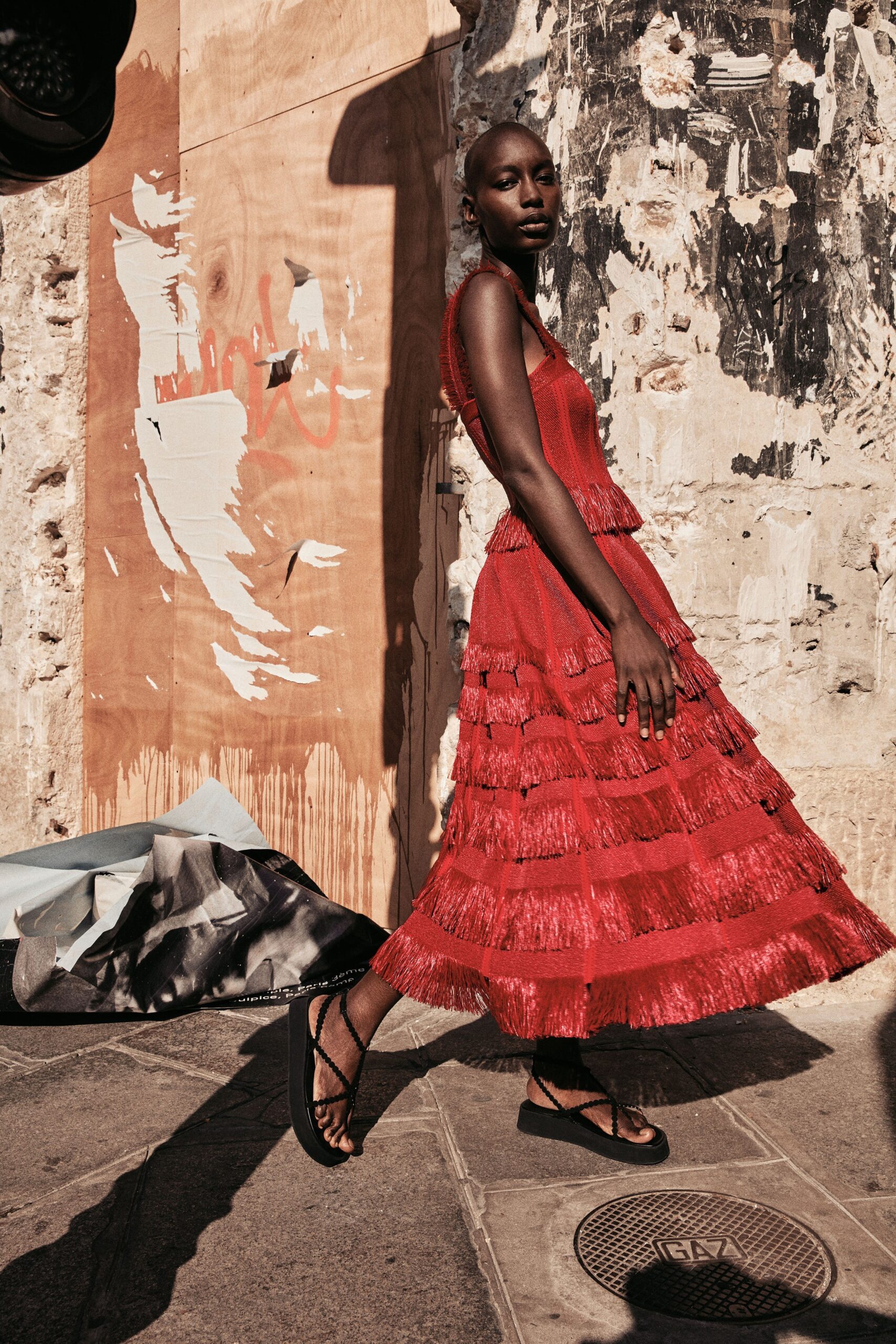 red tiered fringed dress