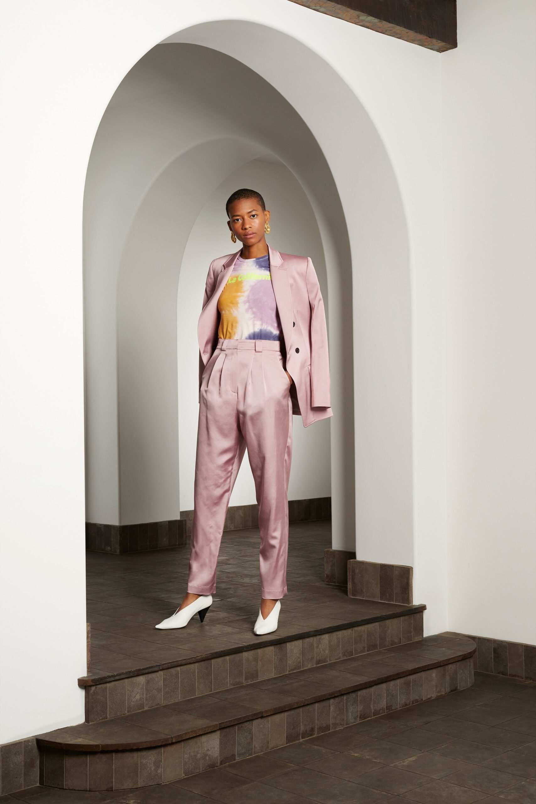 pink satin tailored suit