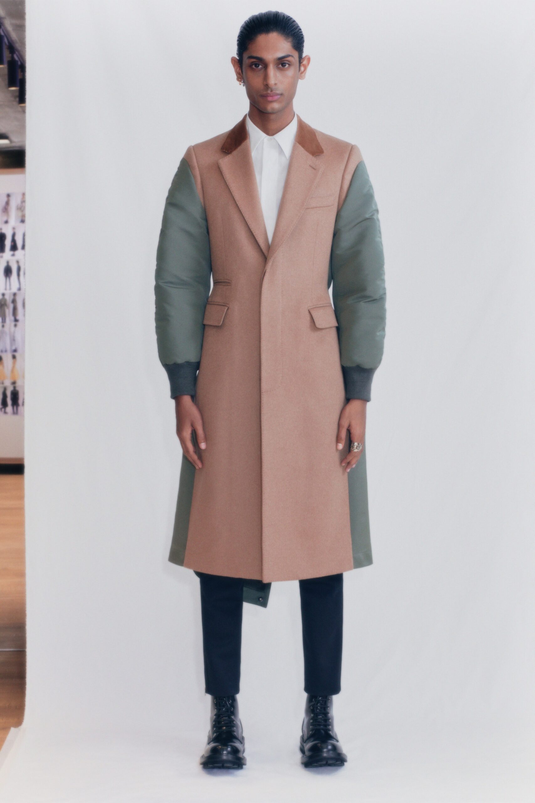 brown wool long-sleeve collared fitted buttoned layered coat