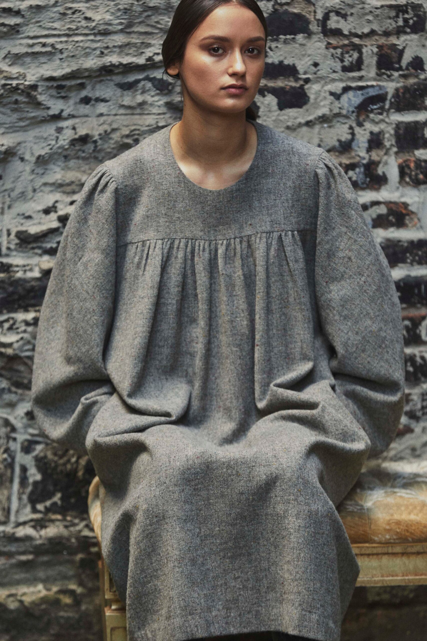 gray wool relaxed midi dress