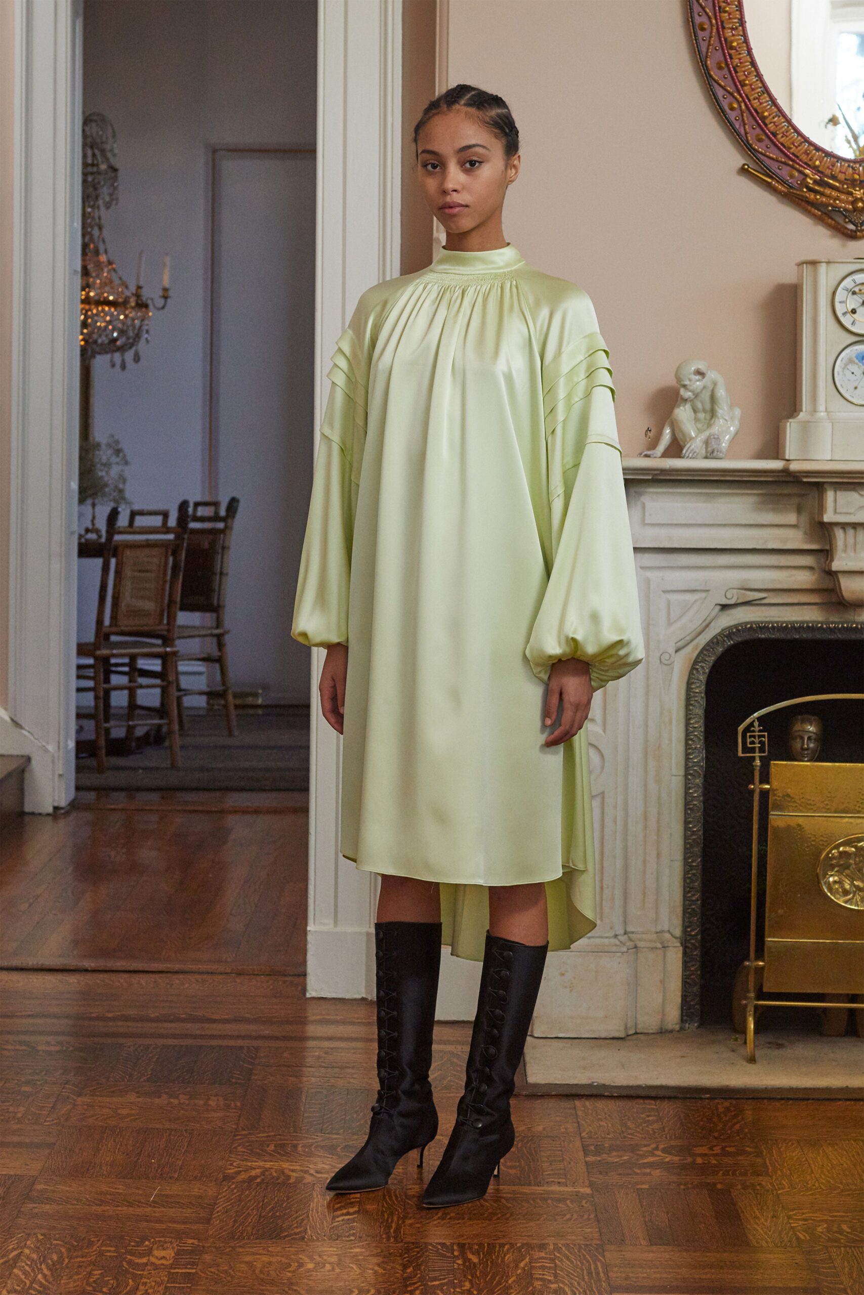 green silk long-sleeve high-neck relaxed draped midi dress
