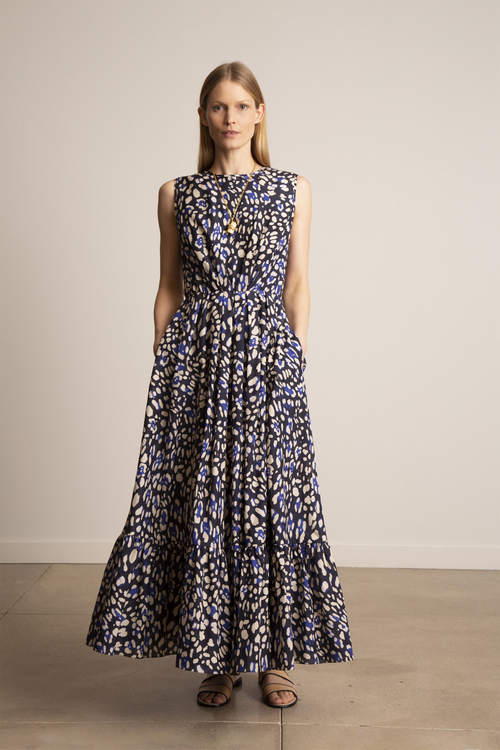 blue and white tiered maxi dress