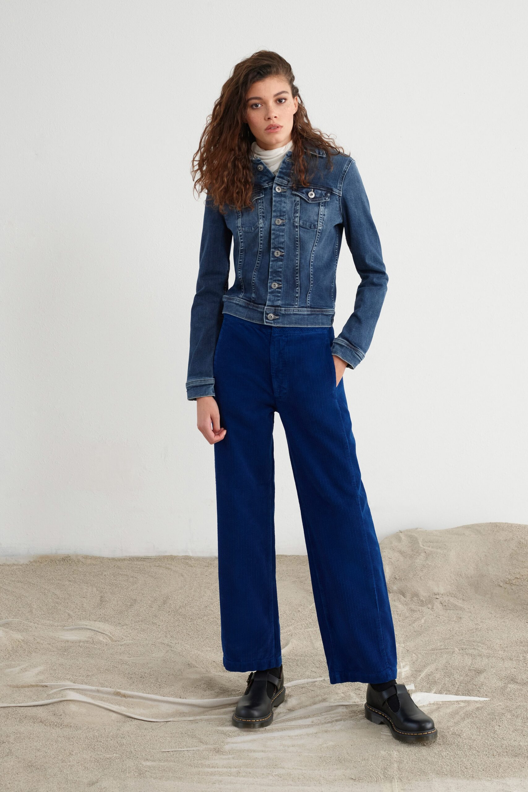 blue denim jacket and relaxed pants