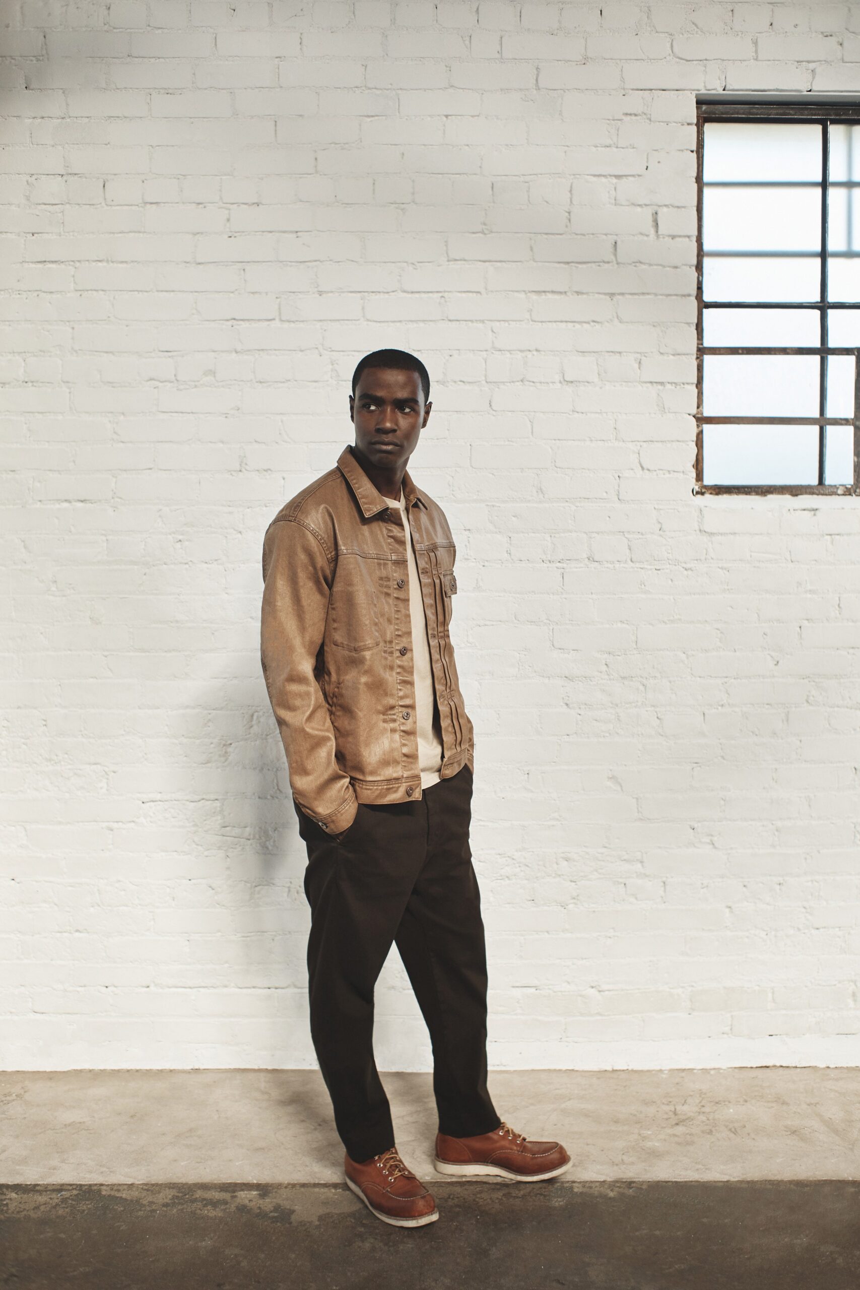 beige jacket with black pants