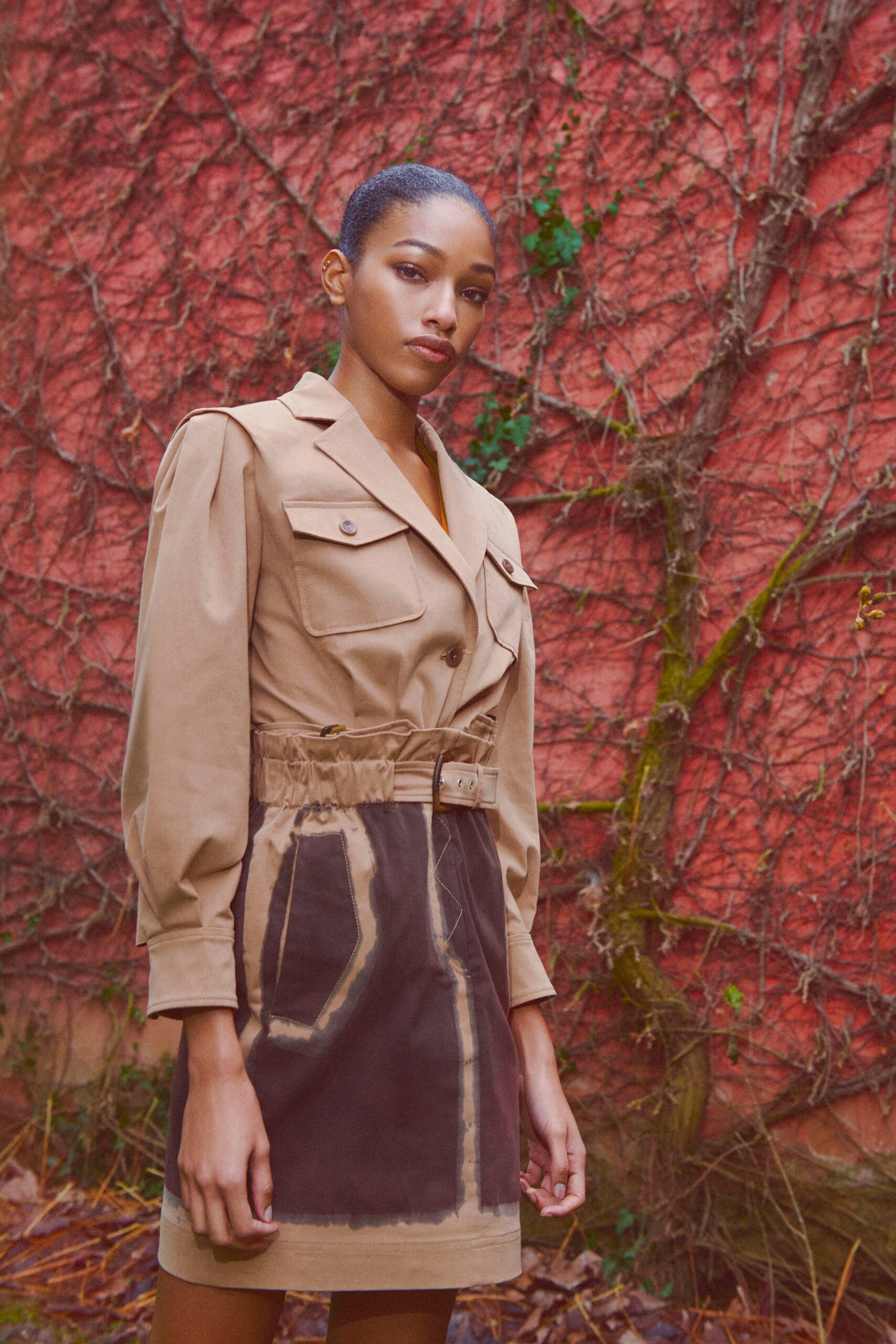 beige and brown belted mini dress