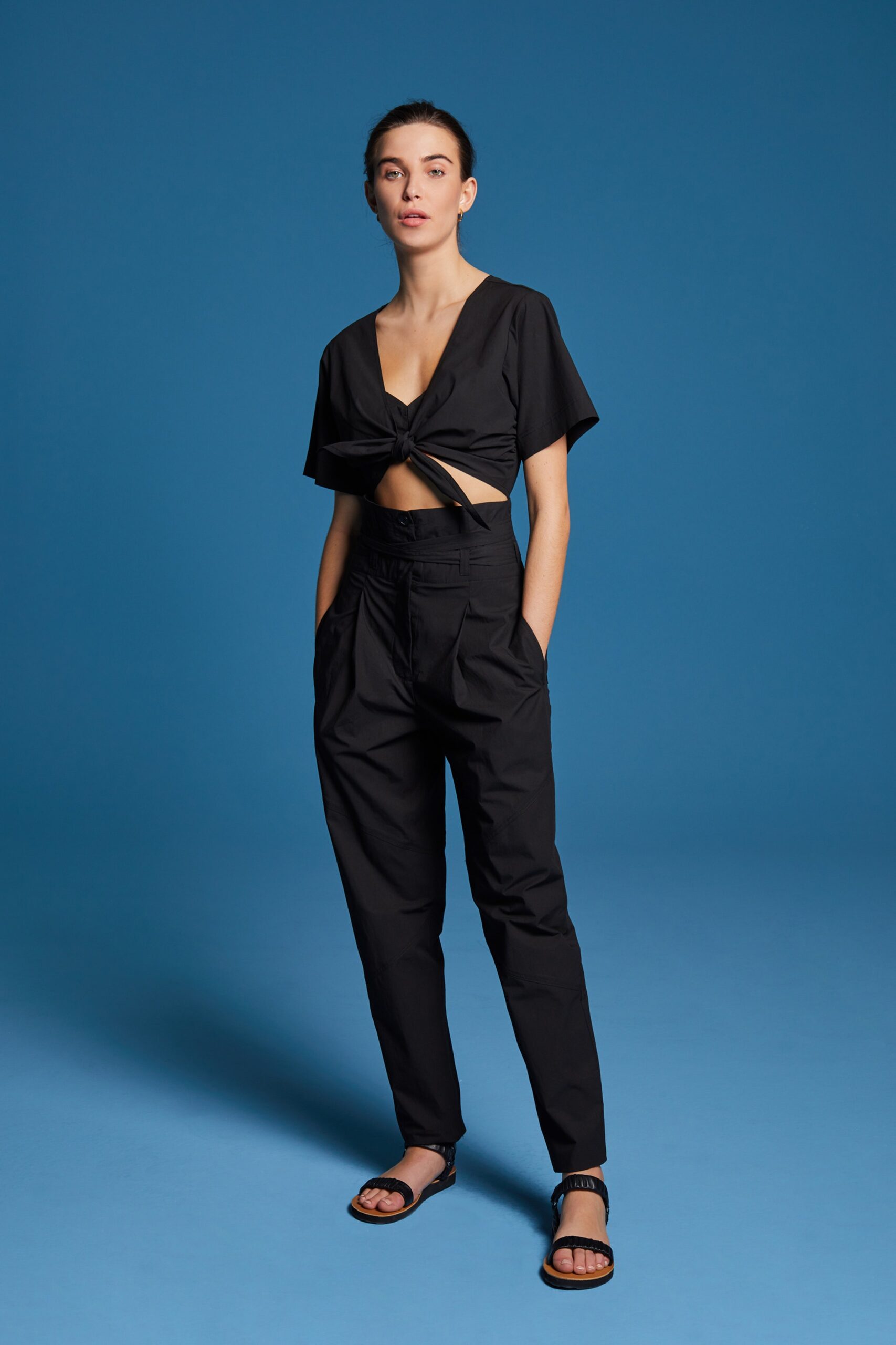 black fitted top with relaxed pants