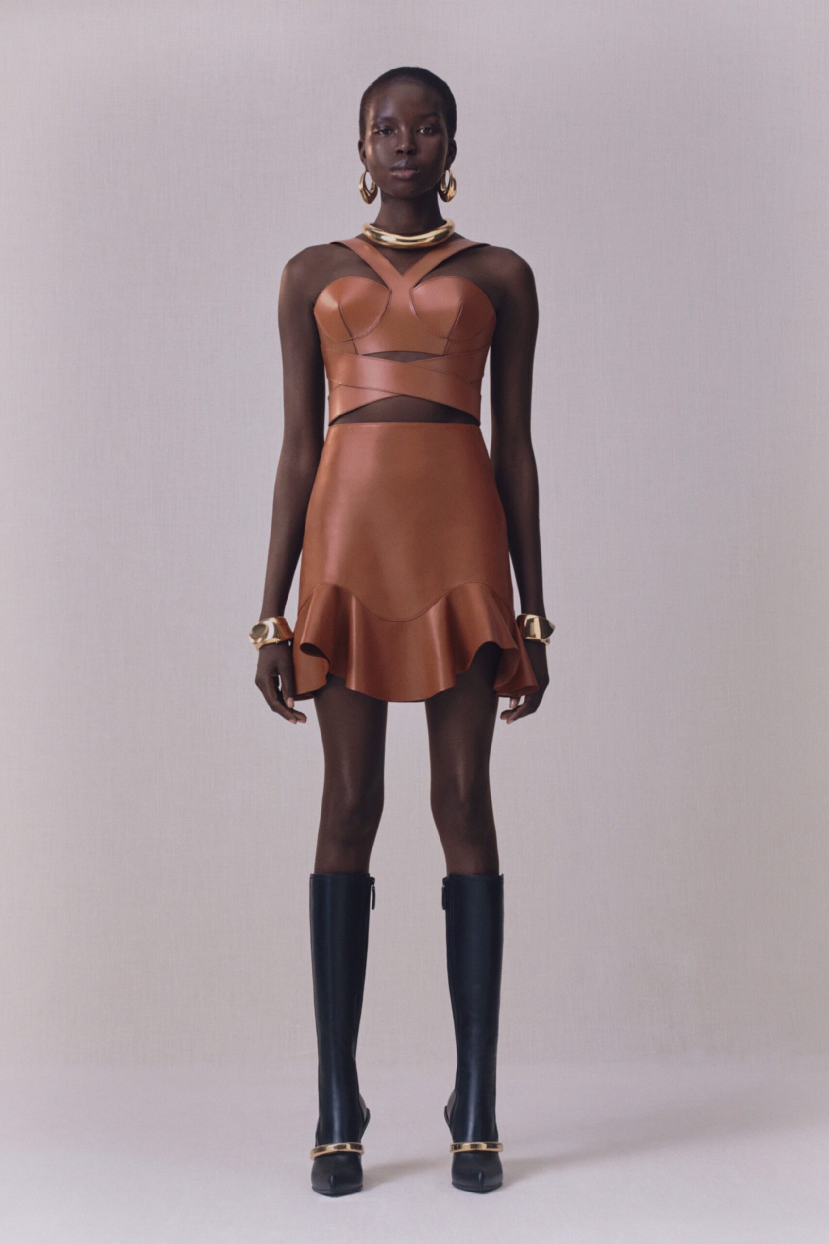 brown leather fitted high-waisted flared mini skirt