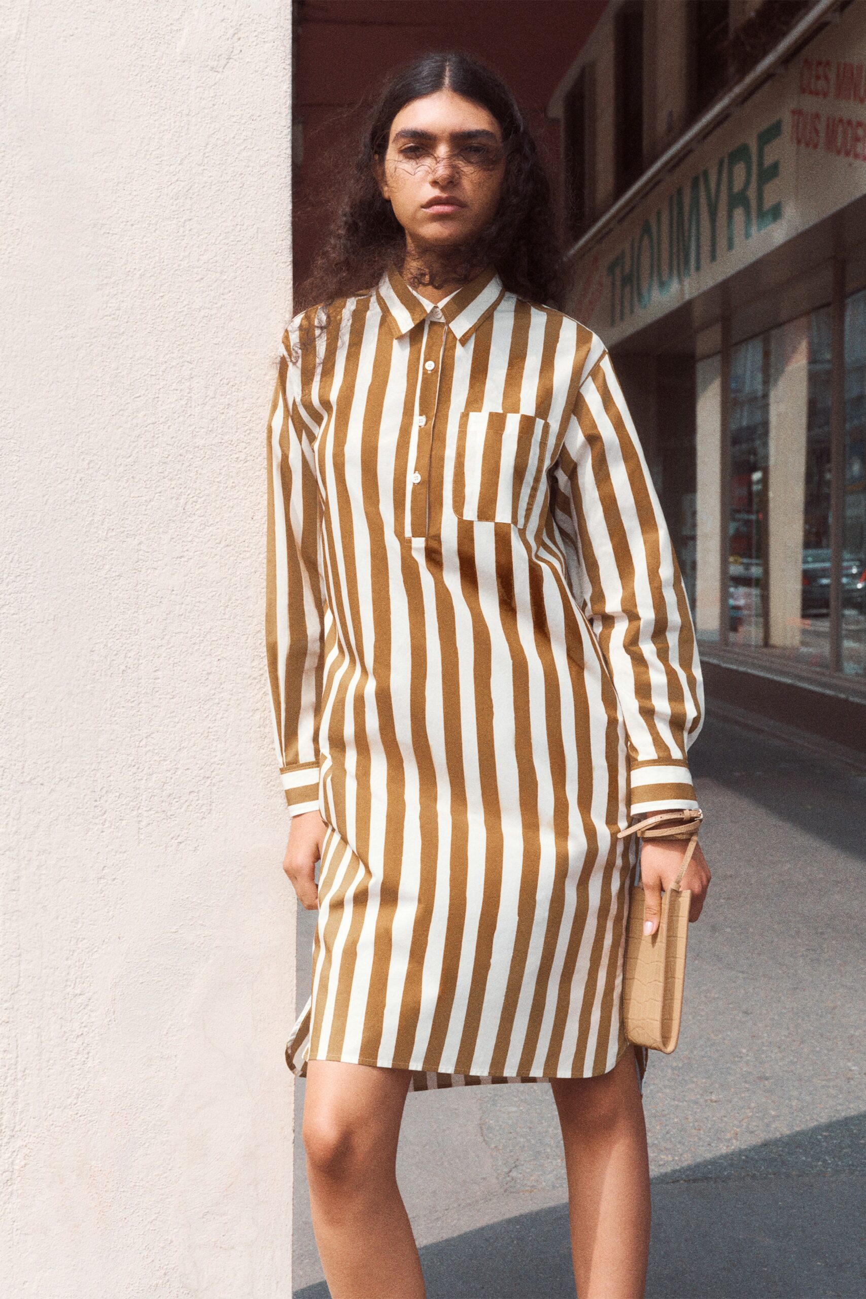 brown and white striped shirt-dress