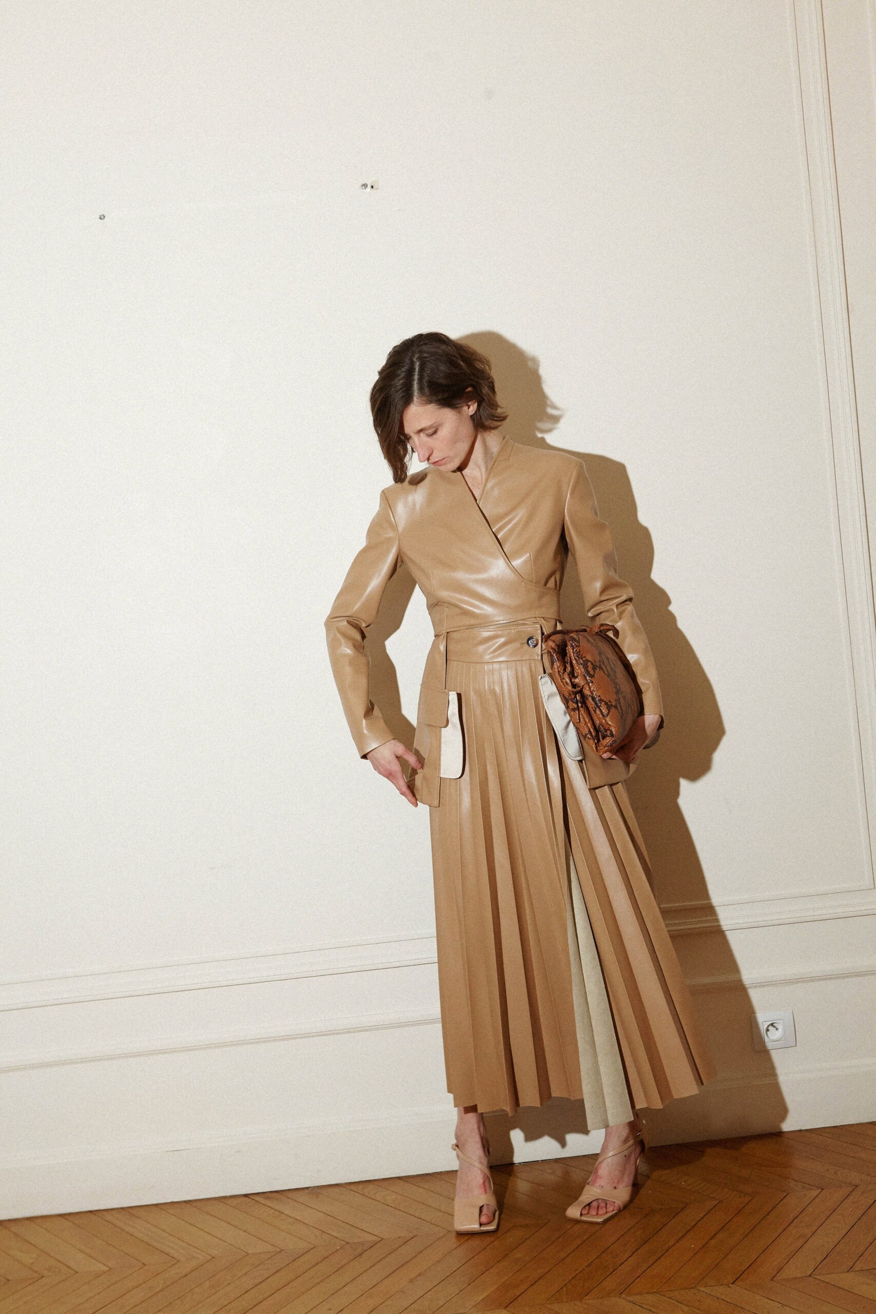 beige leather long-sleeve dress