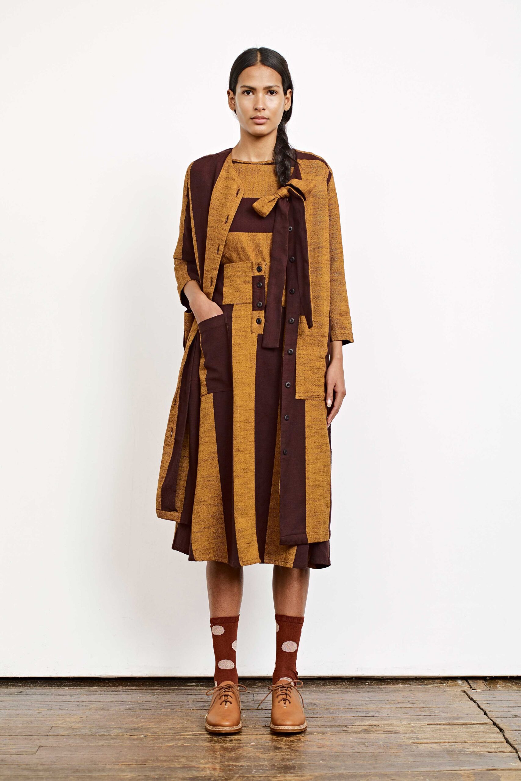 brown and gold layered midi dress