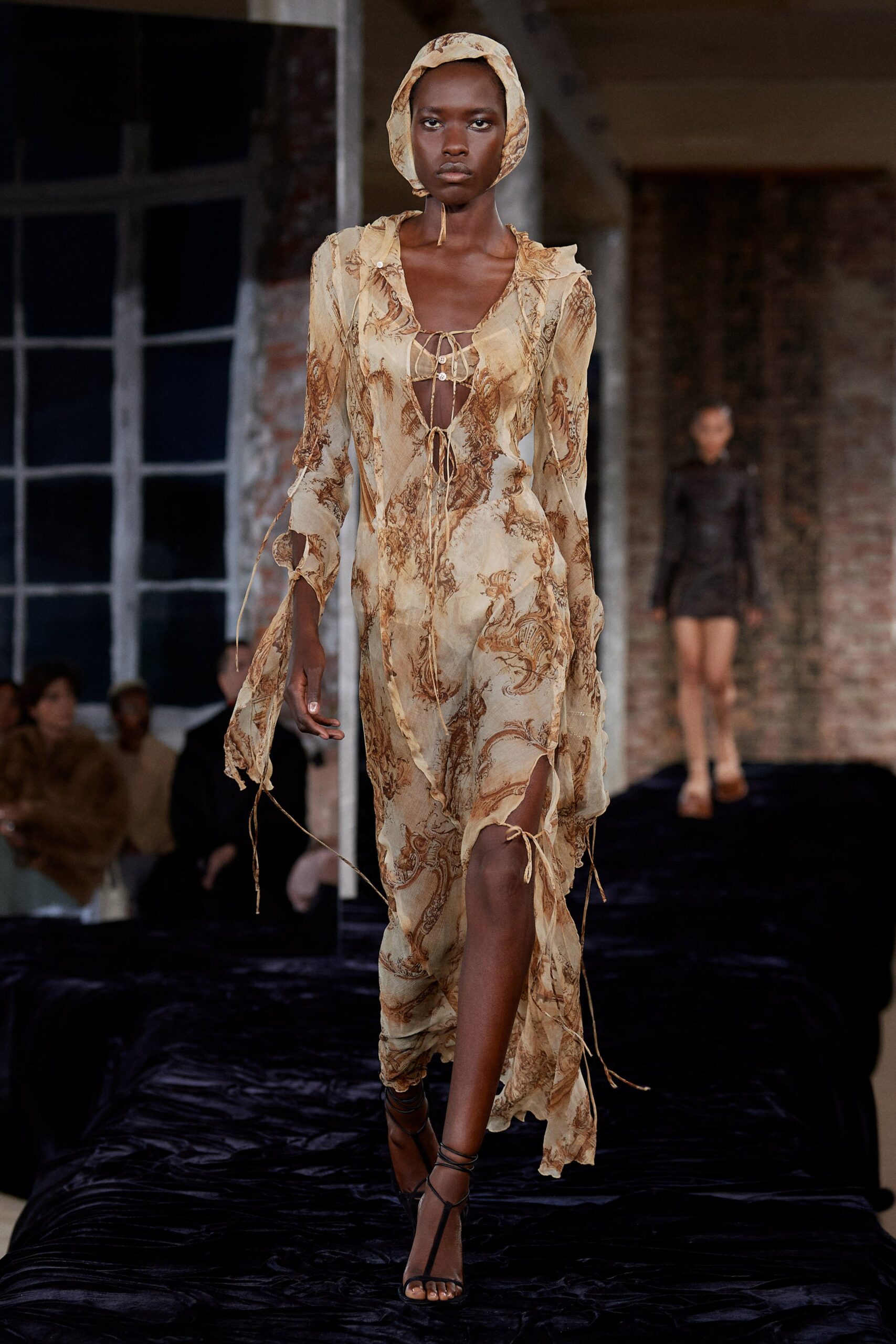 beige silk maxi dress with hat