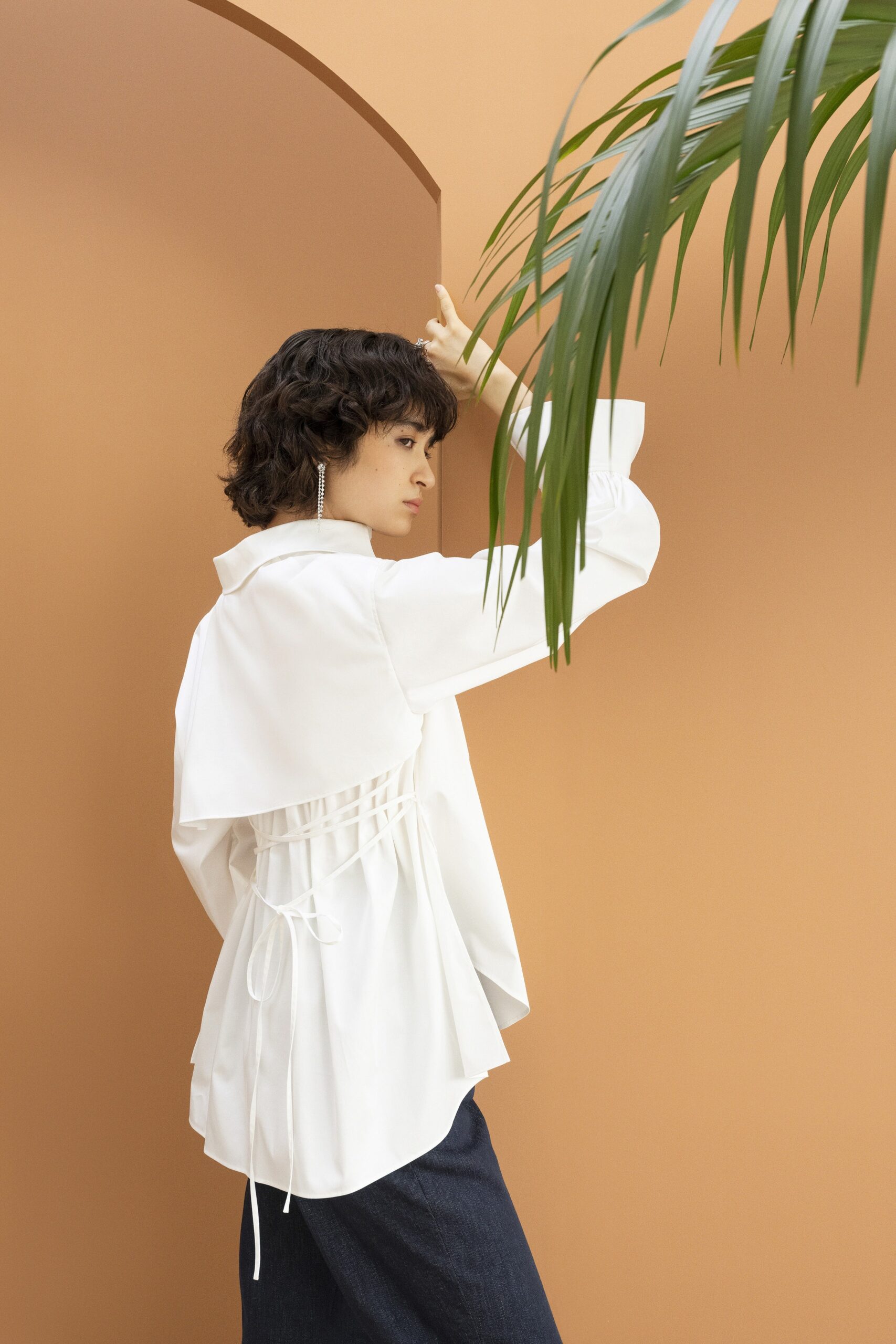 white cotton long-sleeve collared relaxed draped blouse