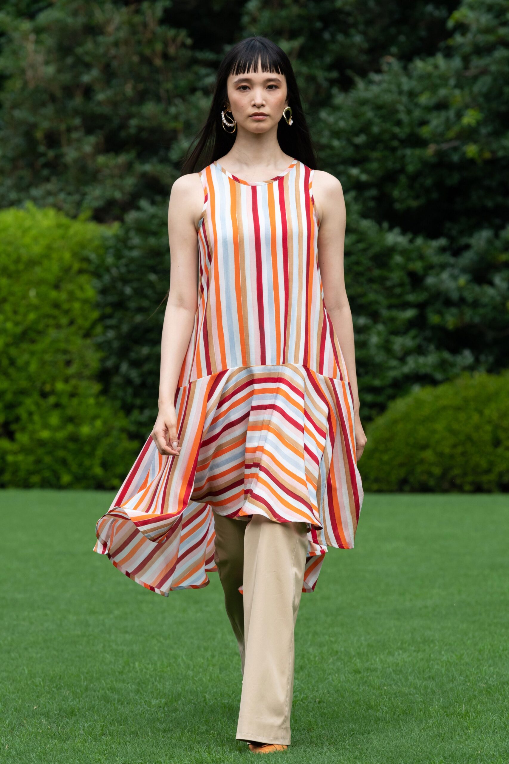 red cotton sleeveless high-neck relaxed striped tiered dress