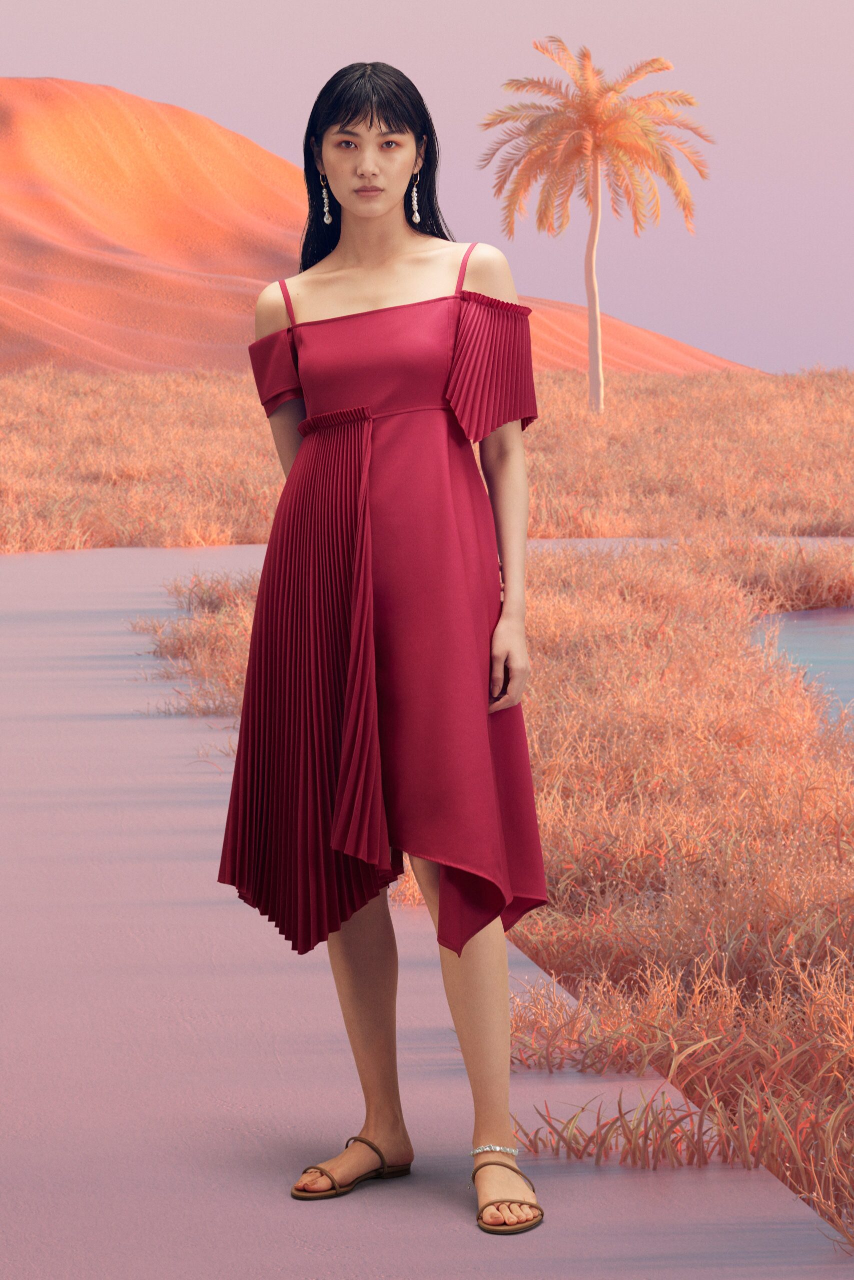red silk off-shoulder pleated dress