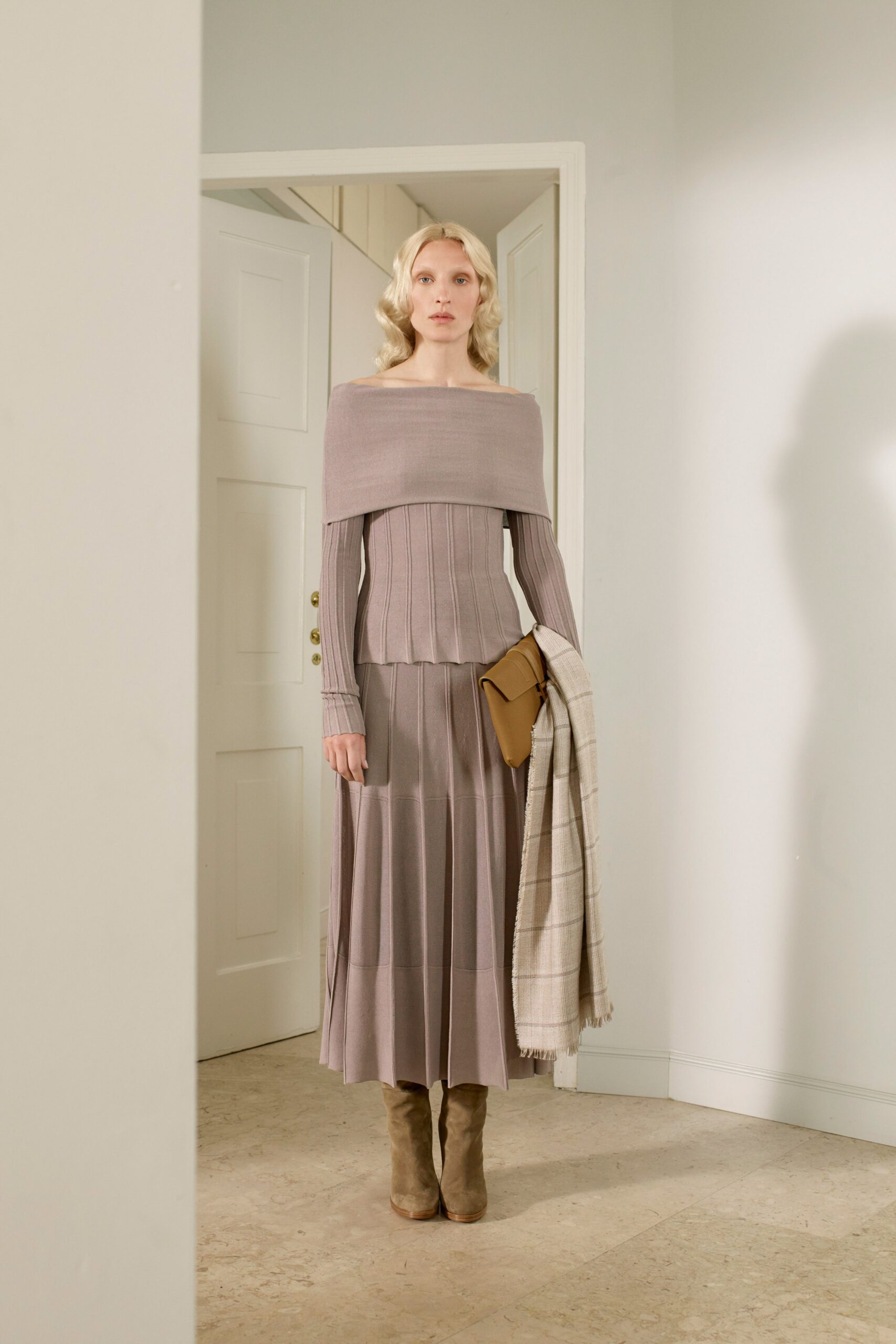 gray knit long-sleeve off-shoulder fitted pleated midi dress