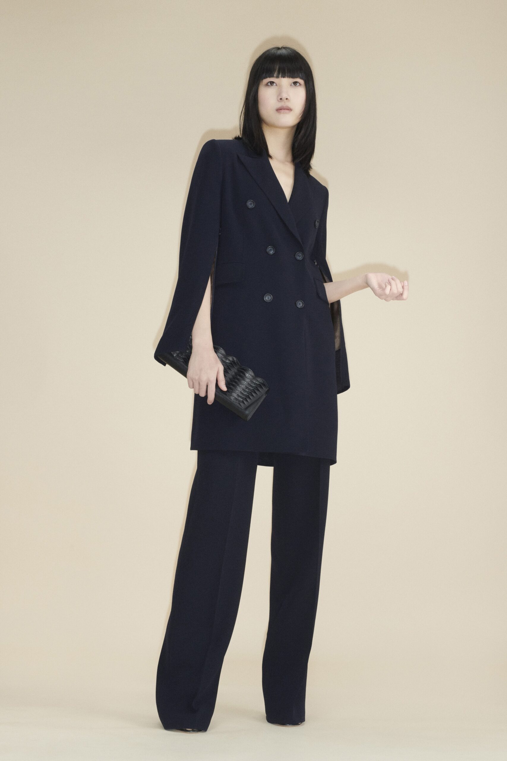 black wool long-sleeve v-neck tailored structured suit