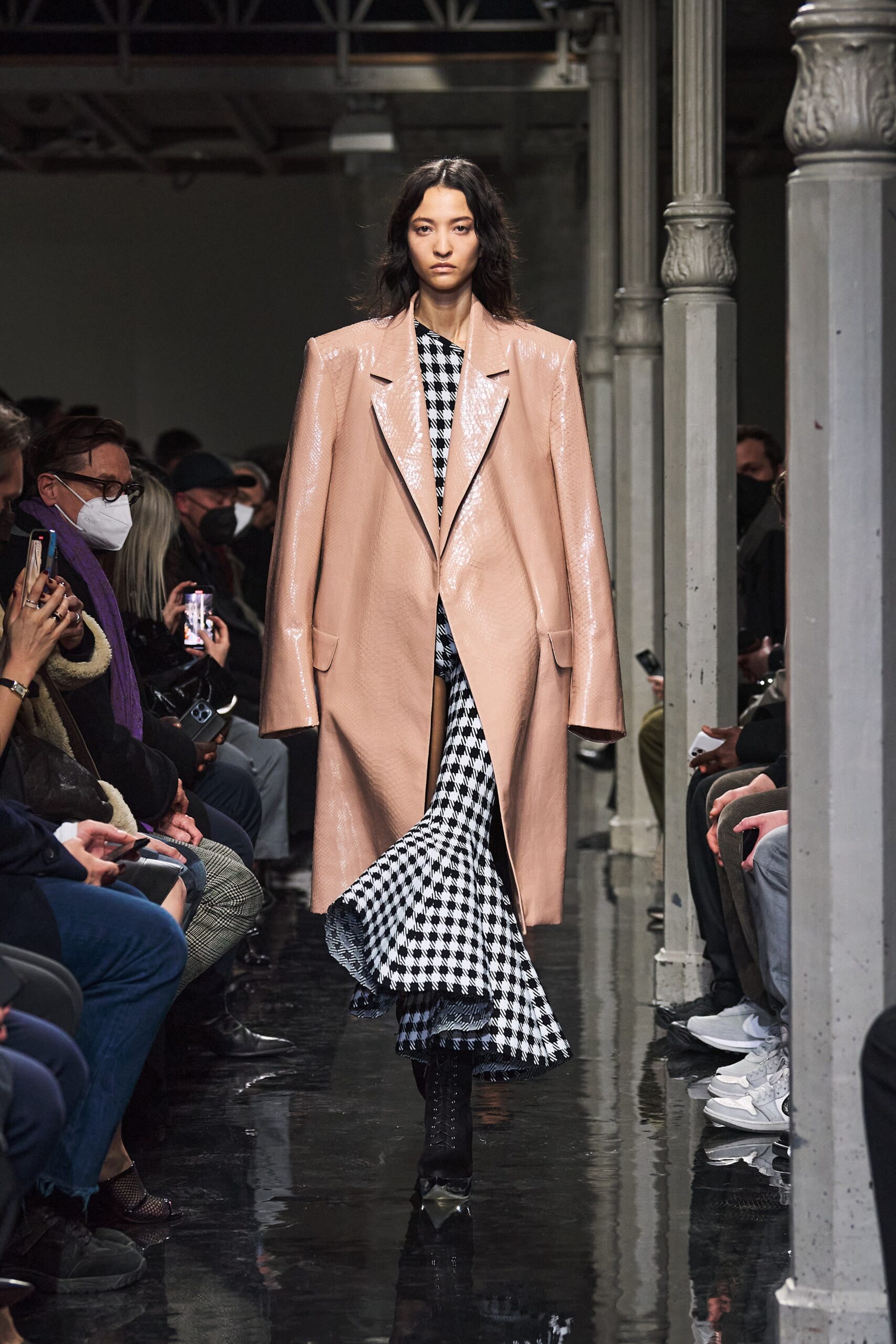 pink leather long-sleeve collared oversized buttoned shiny coat