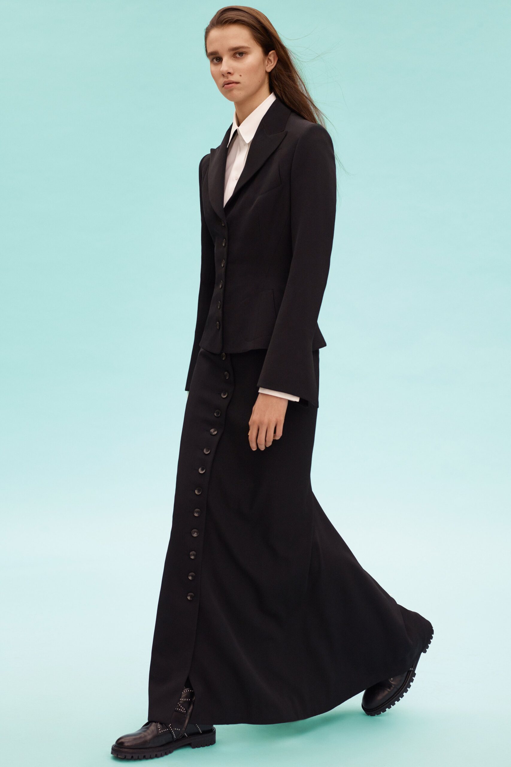 black wool fitted buttoned maxi skirt