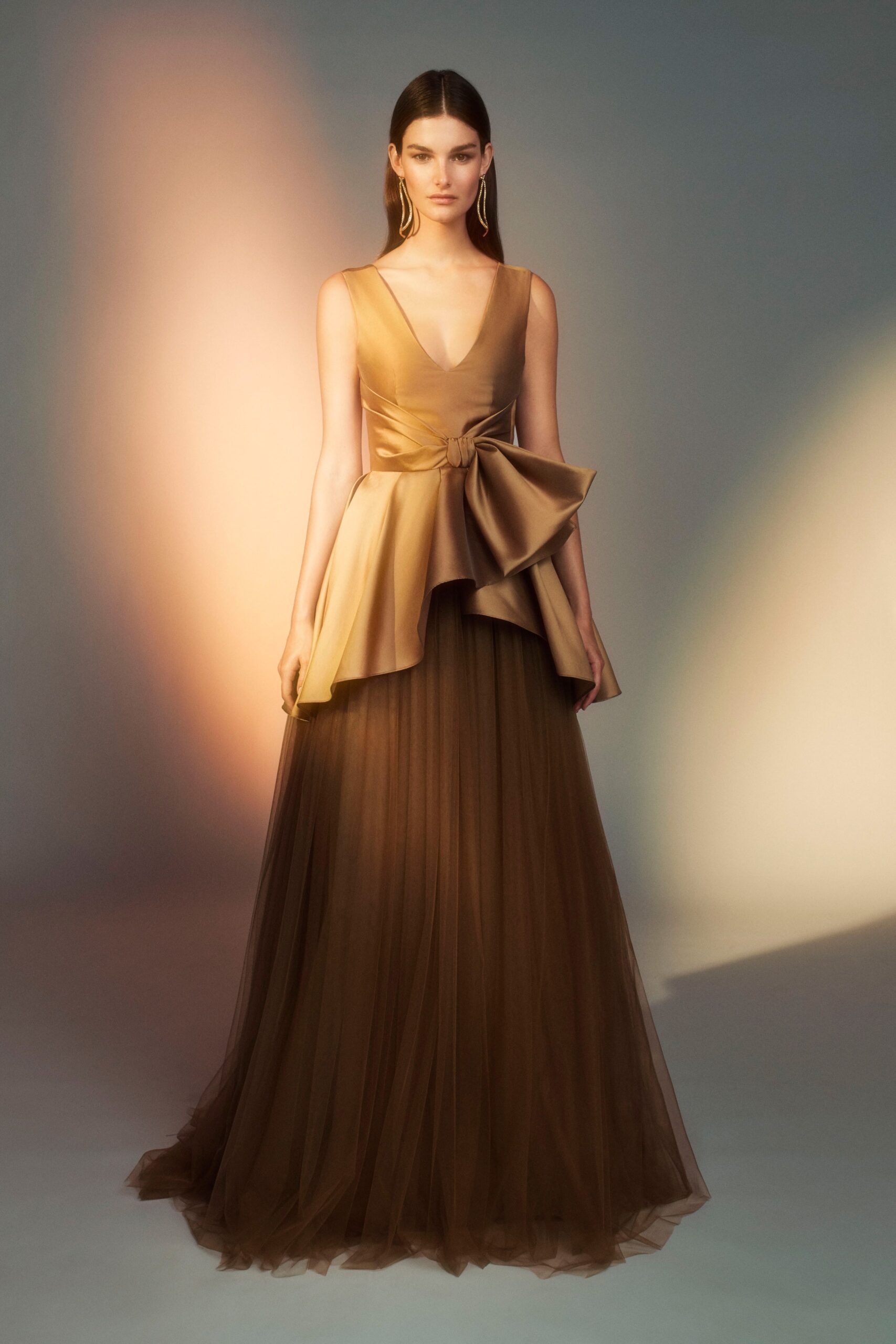 brown silk tulle gown