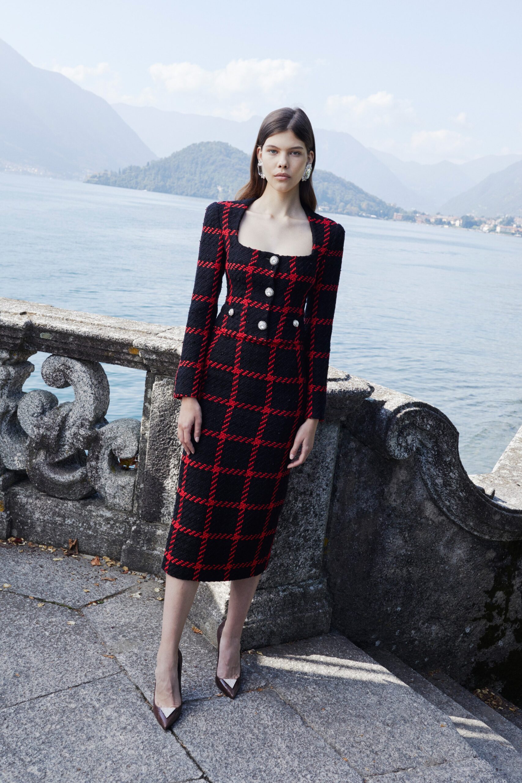 fitted black and red checked dress