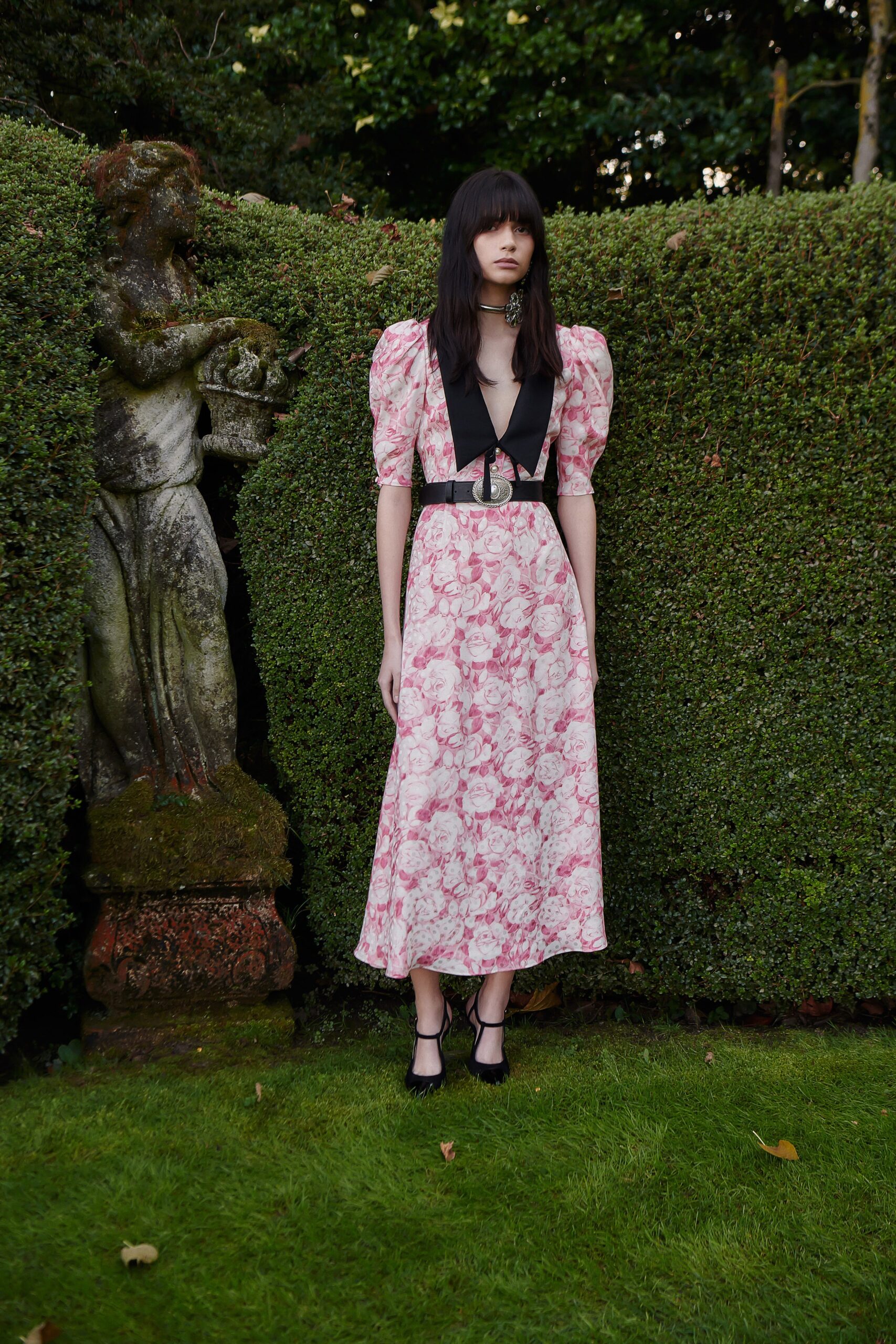 pink cotton short-sleeve v-neck fitted floral tiered dress