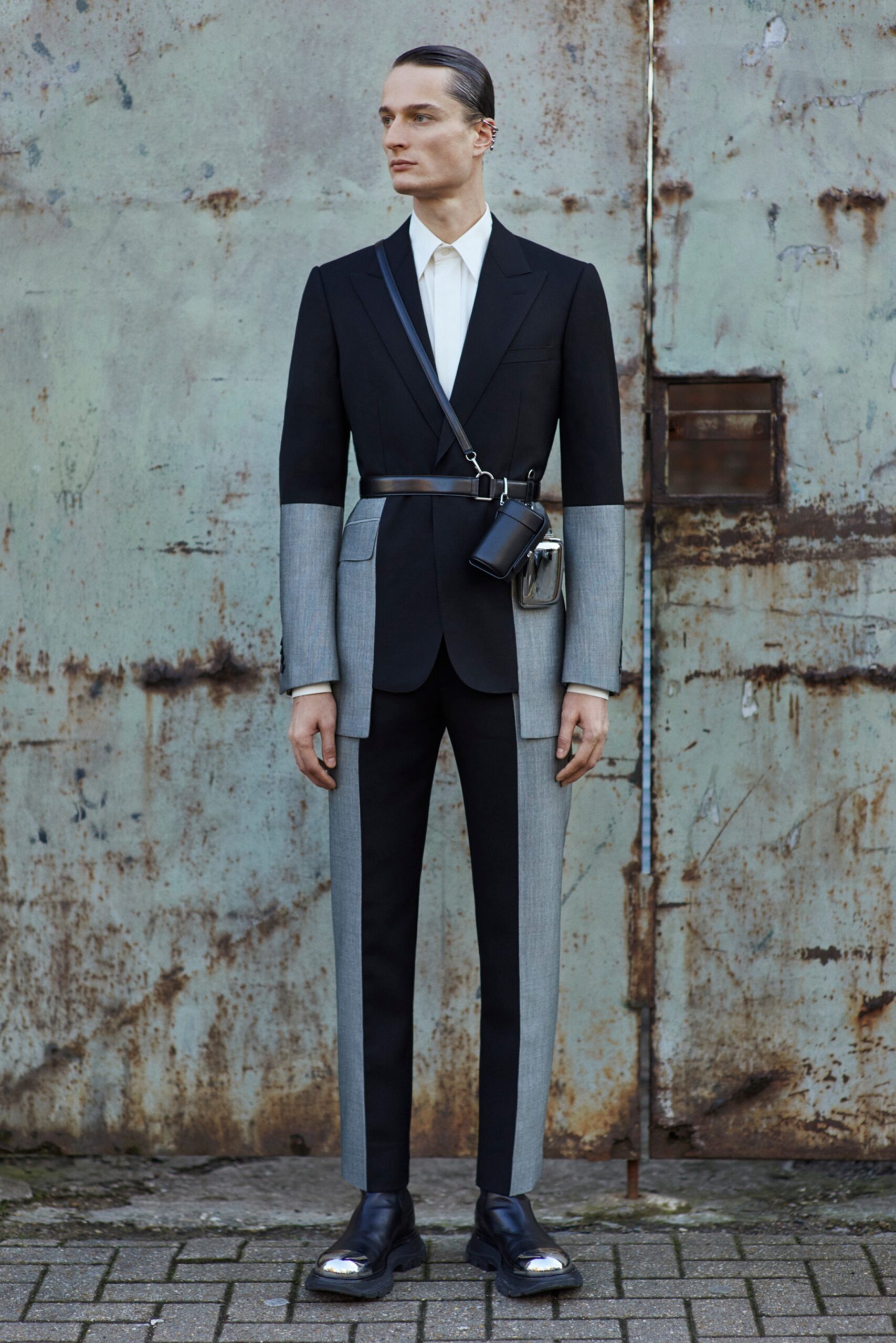 tailored black and gray suit