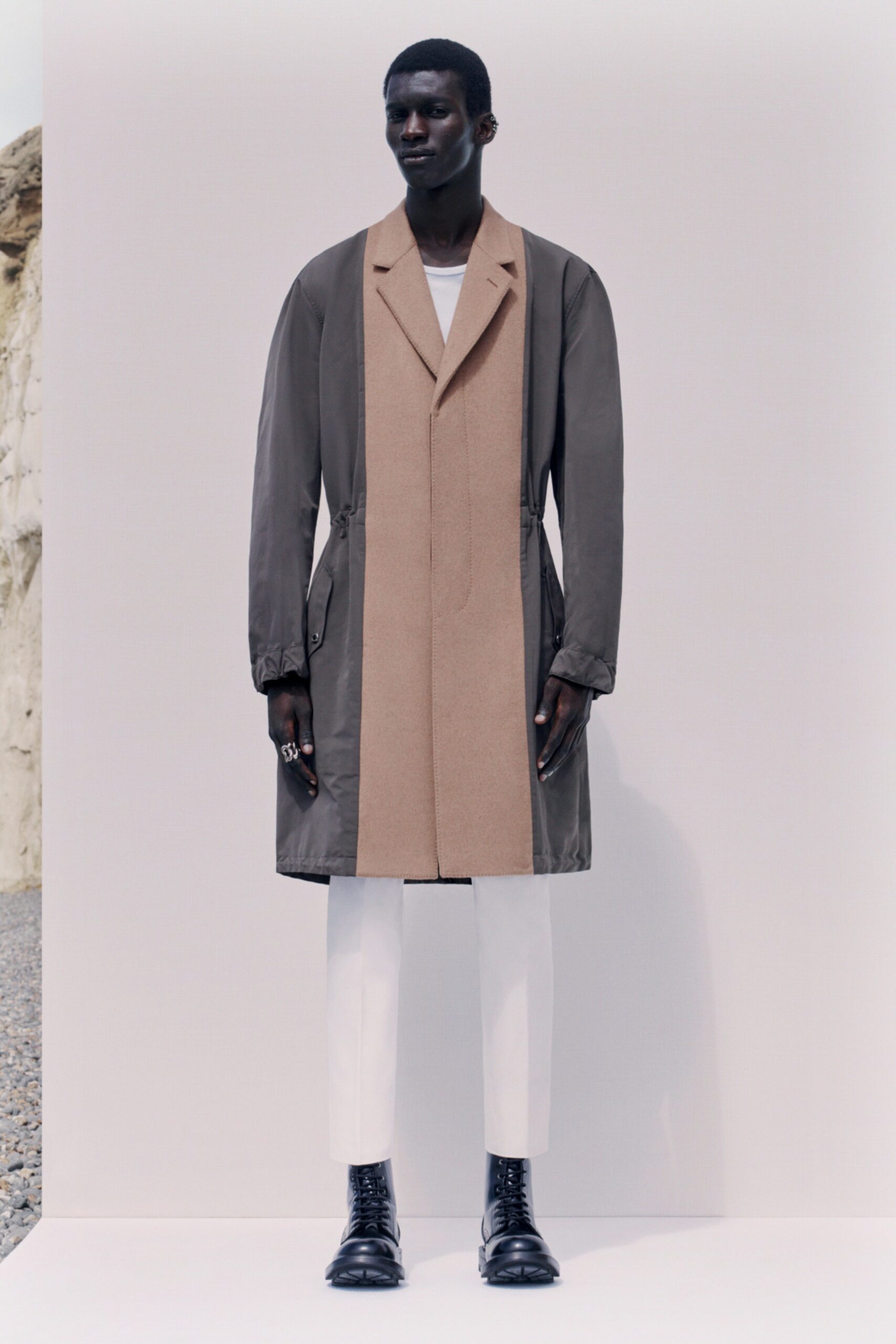 brown gray coat with white pants