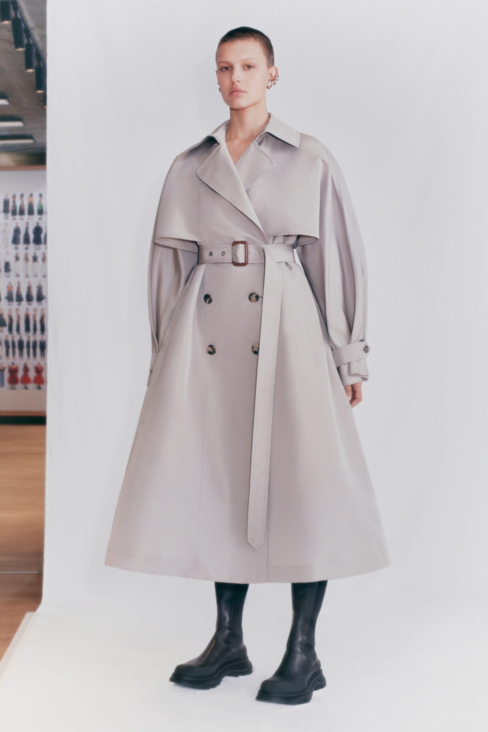 gray cotton long-sleeve collared relaxed belted layered trench