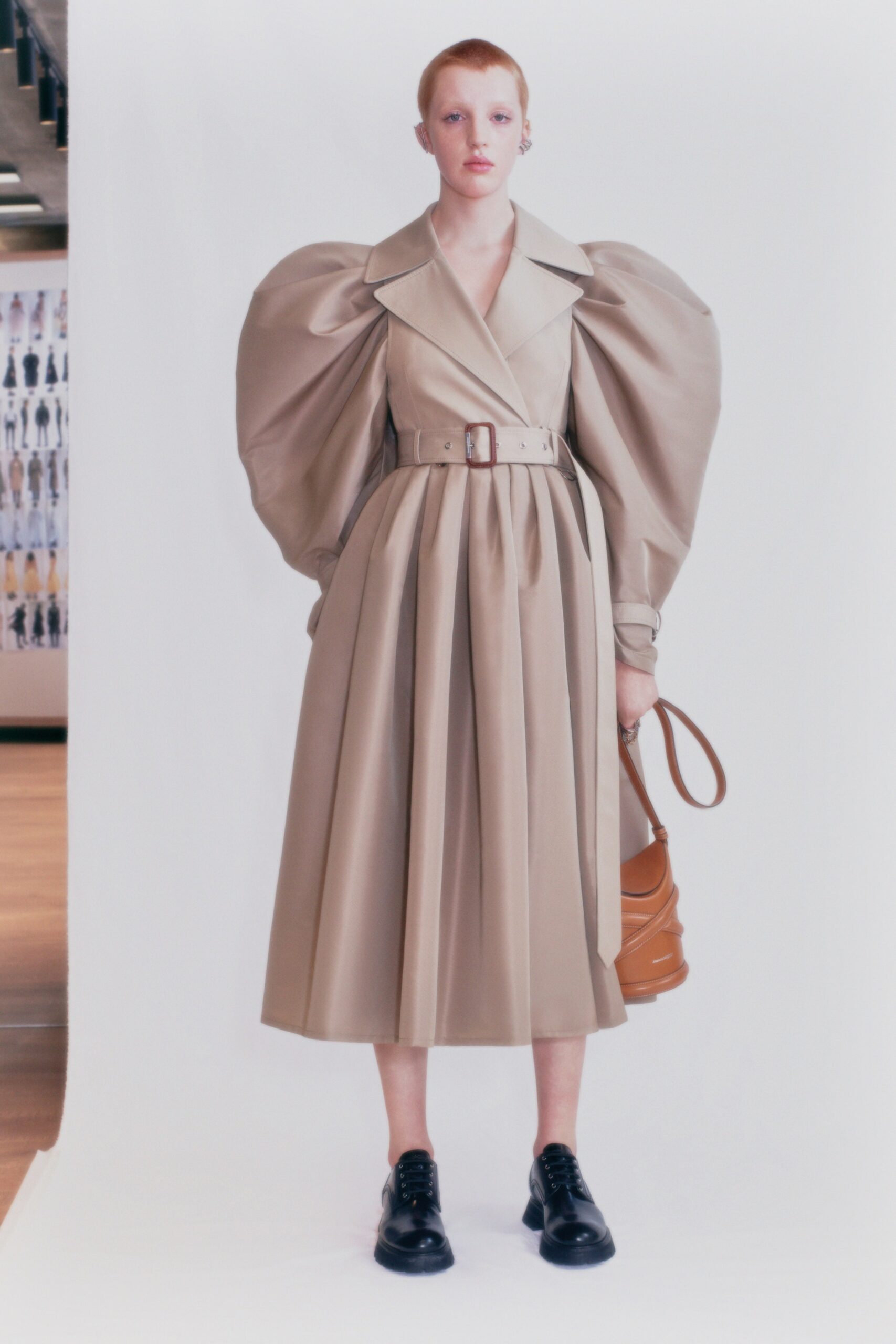 beige pleated belted dress