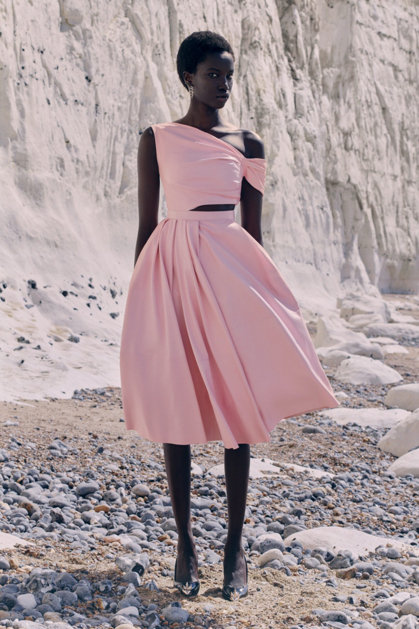pink silk off-shoulder dress