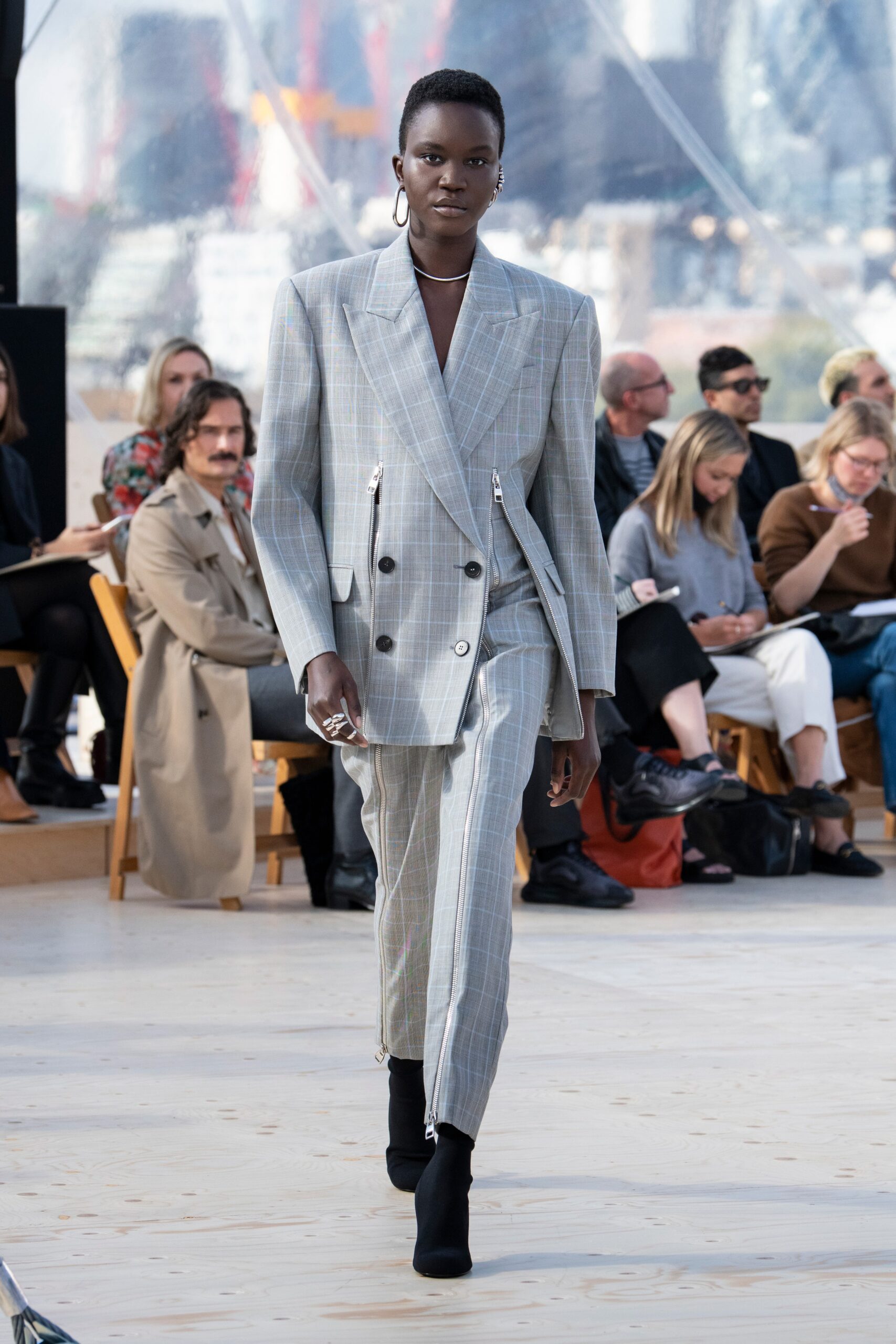 gray tailored suit with checked pattern