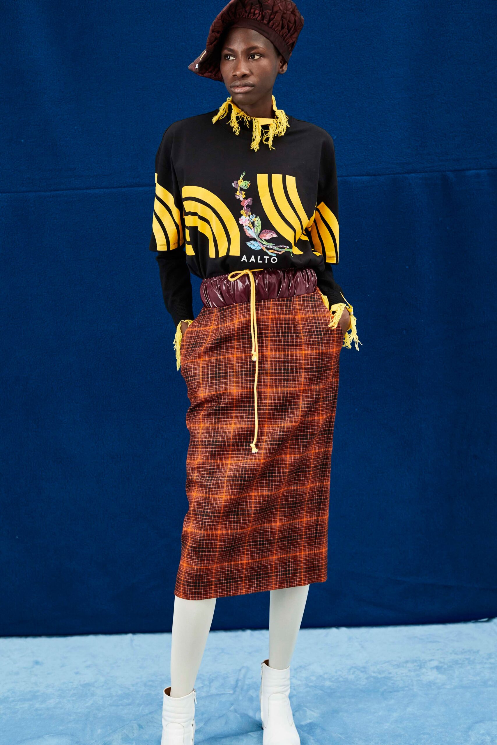black yellow printed top with midi skirt