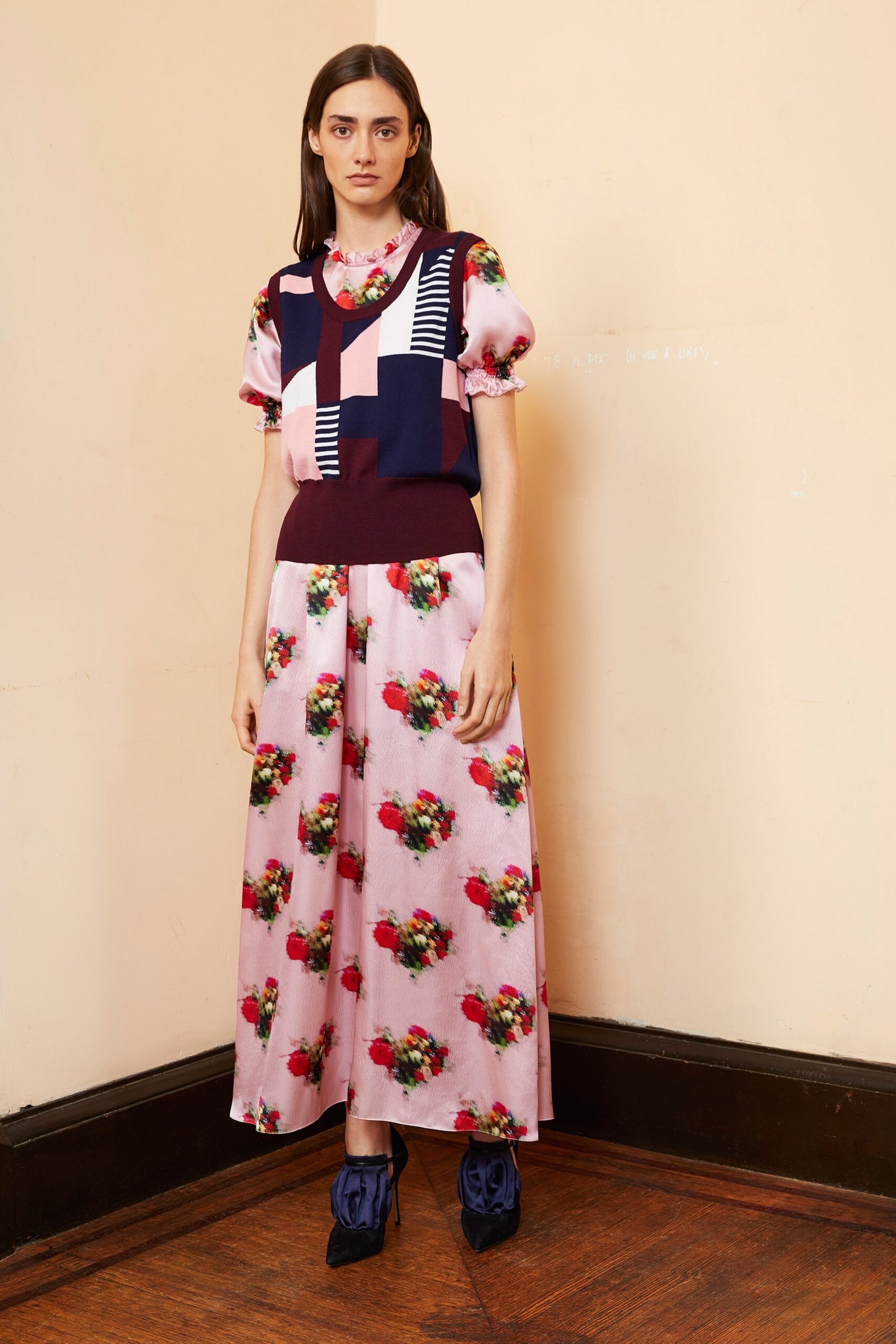floral maxi dress with color-blocked top