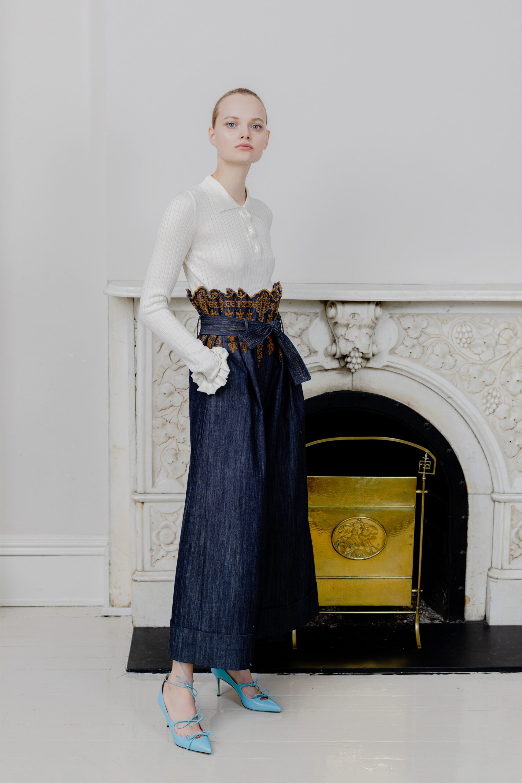 blue denim relaxed wide-leg belted pants