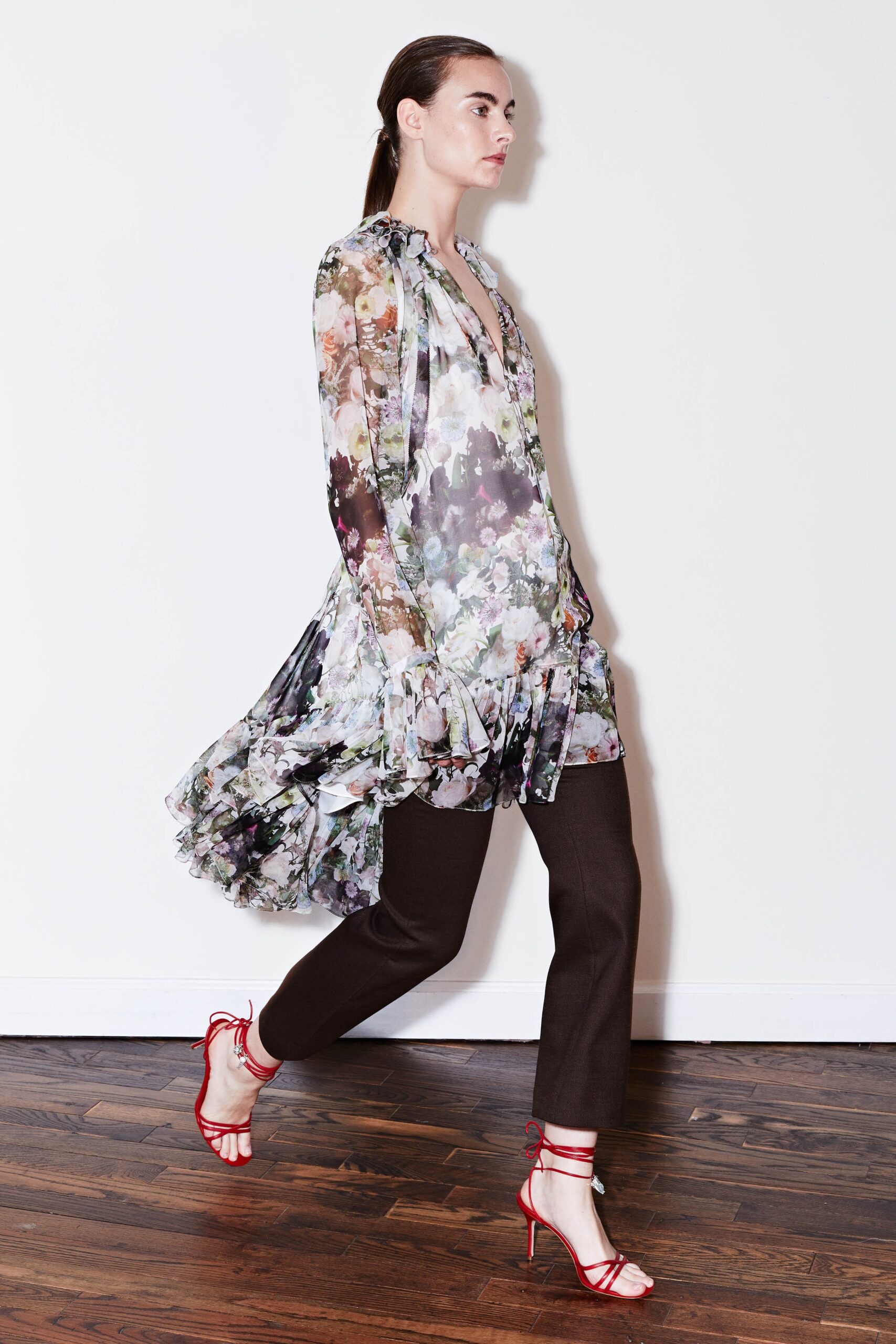 multi chiffon long-sleeve v-neck relaxed flared layered dress