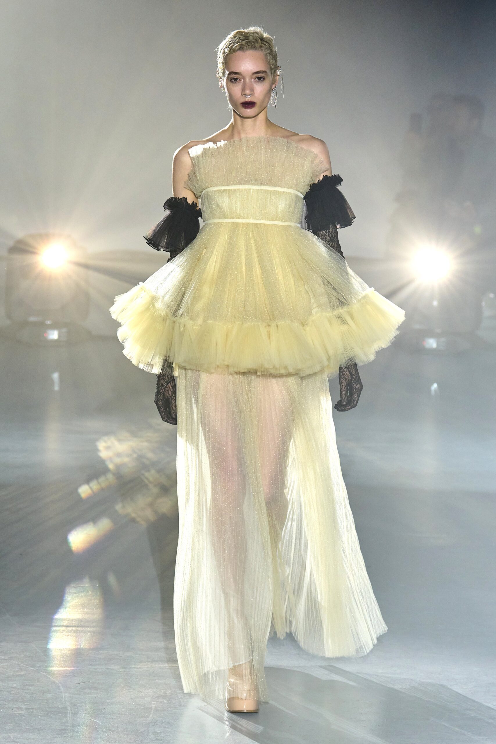 yellow sheer off-shoulder dress