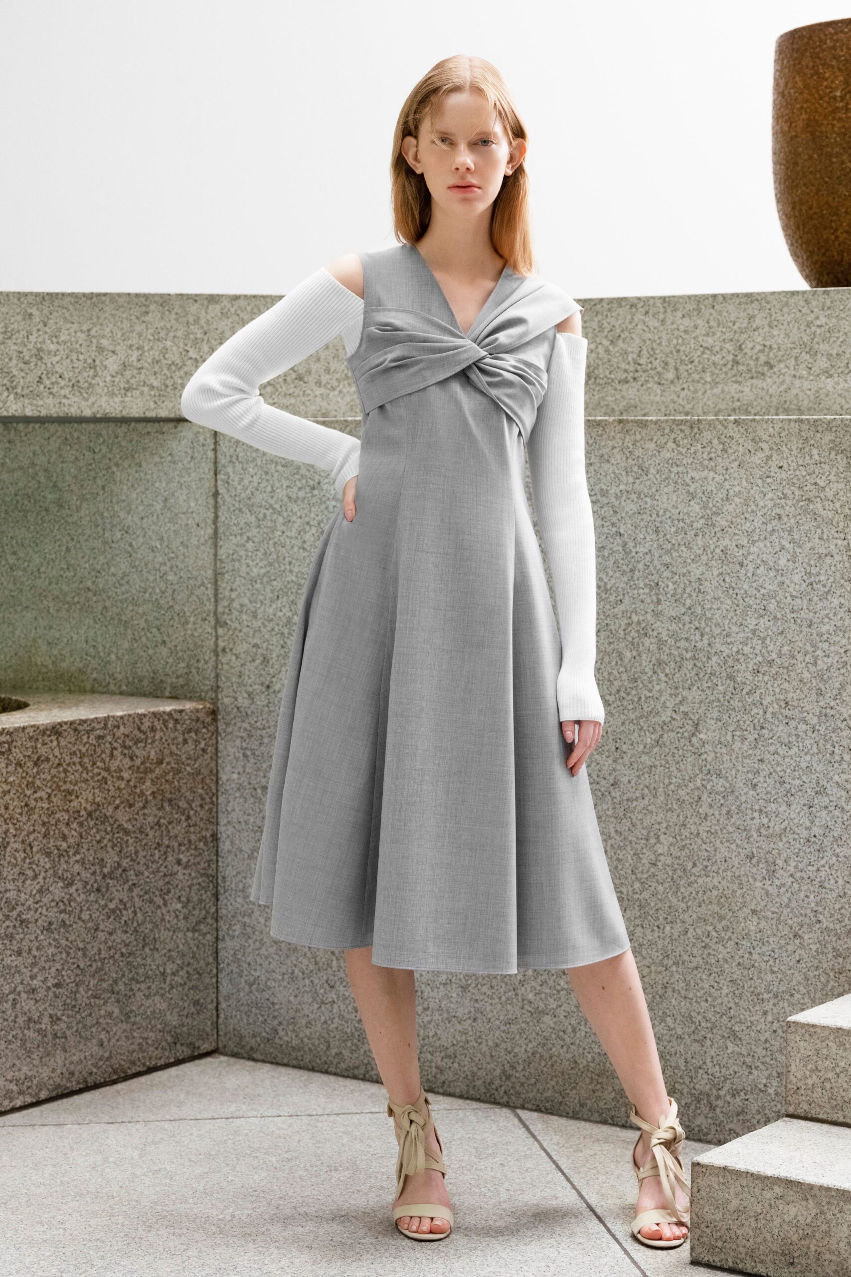 gray midi dress with white top