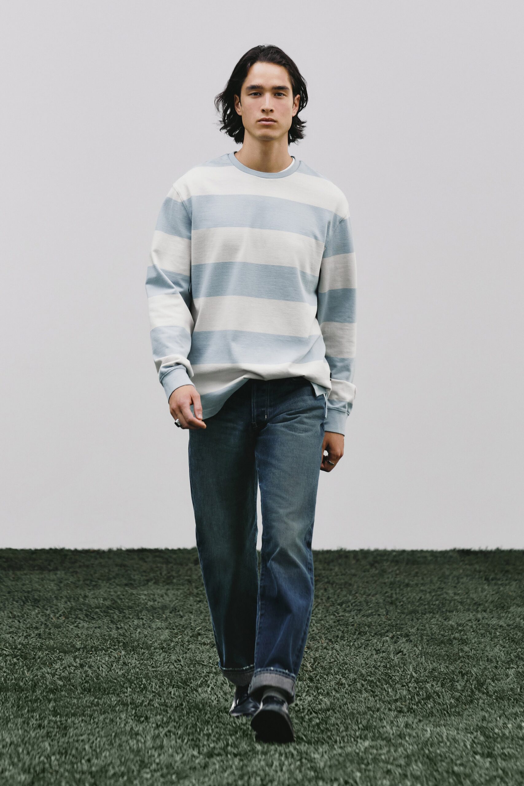 blue and white striped sweater with jeans