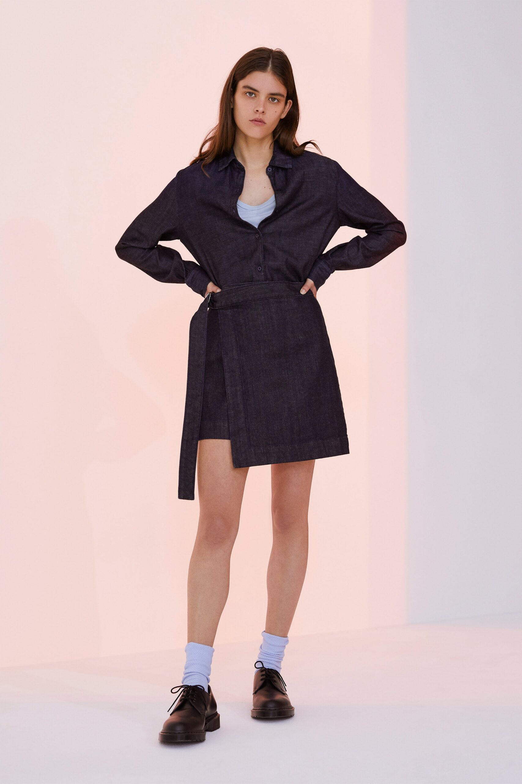 blue denim shirt and skirt