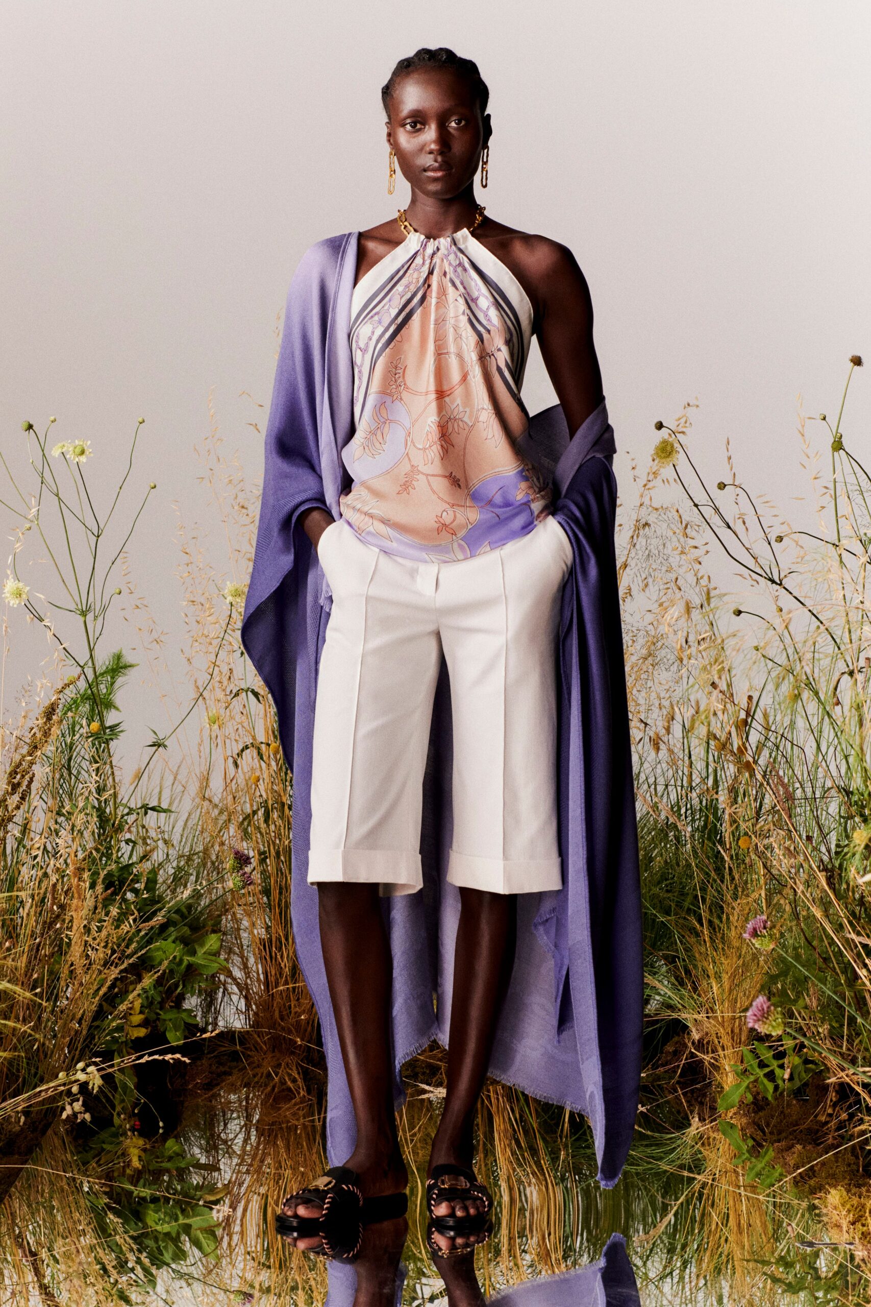 purple silk halter top and white shorts