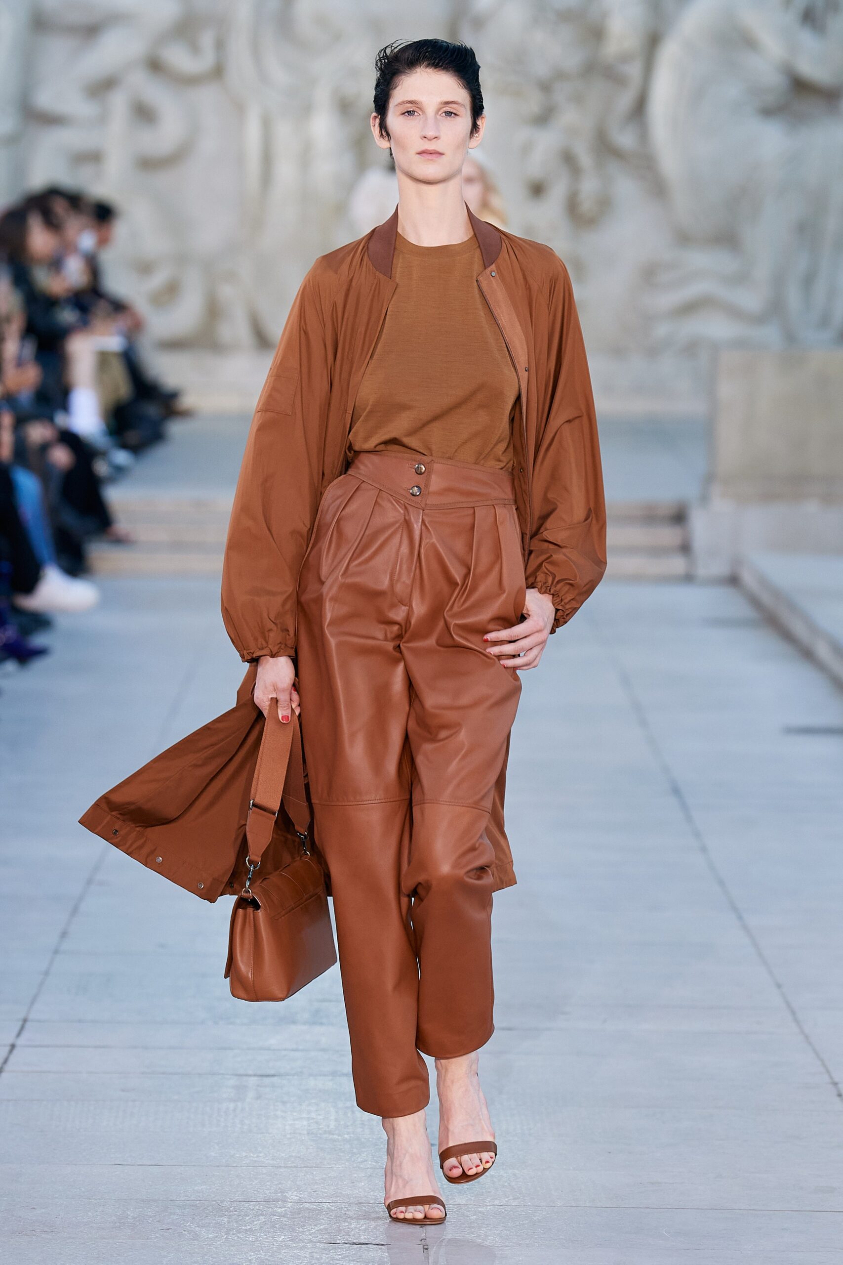 brown leather tailored pleated pants