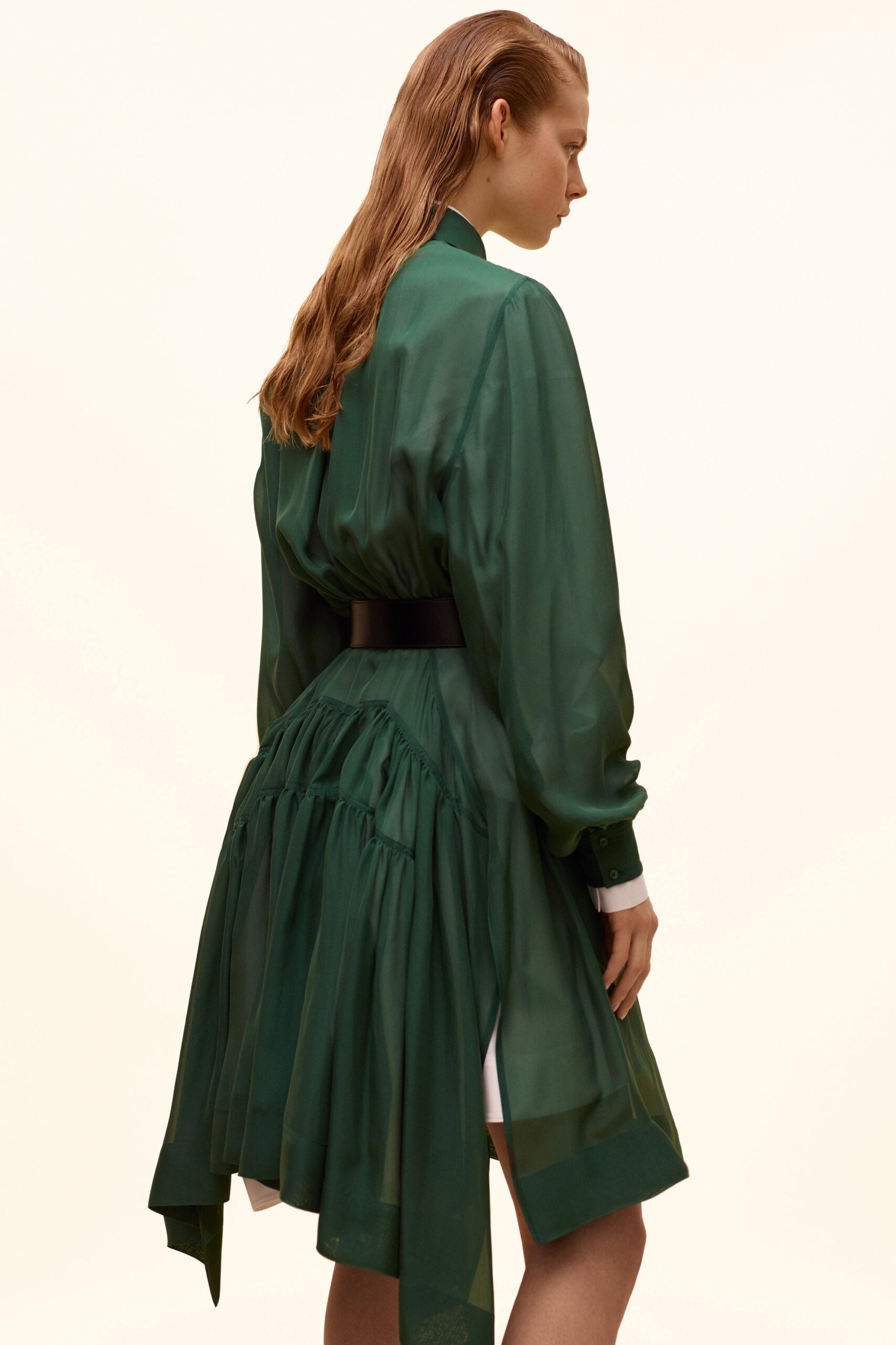 green silk long-sleeve dress