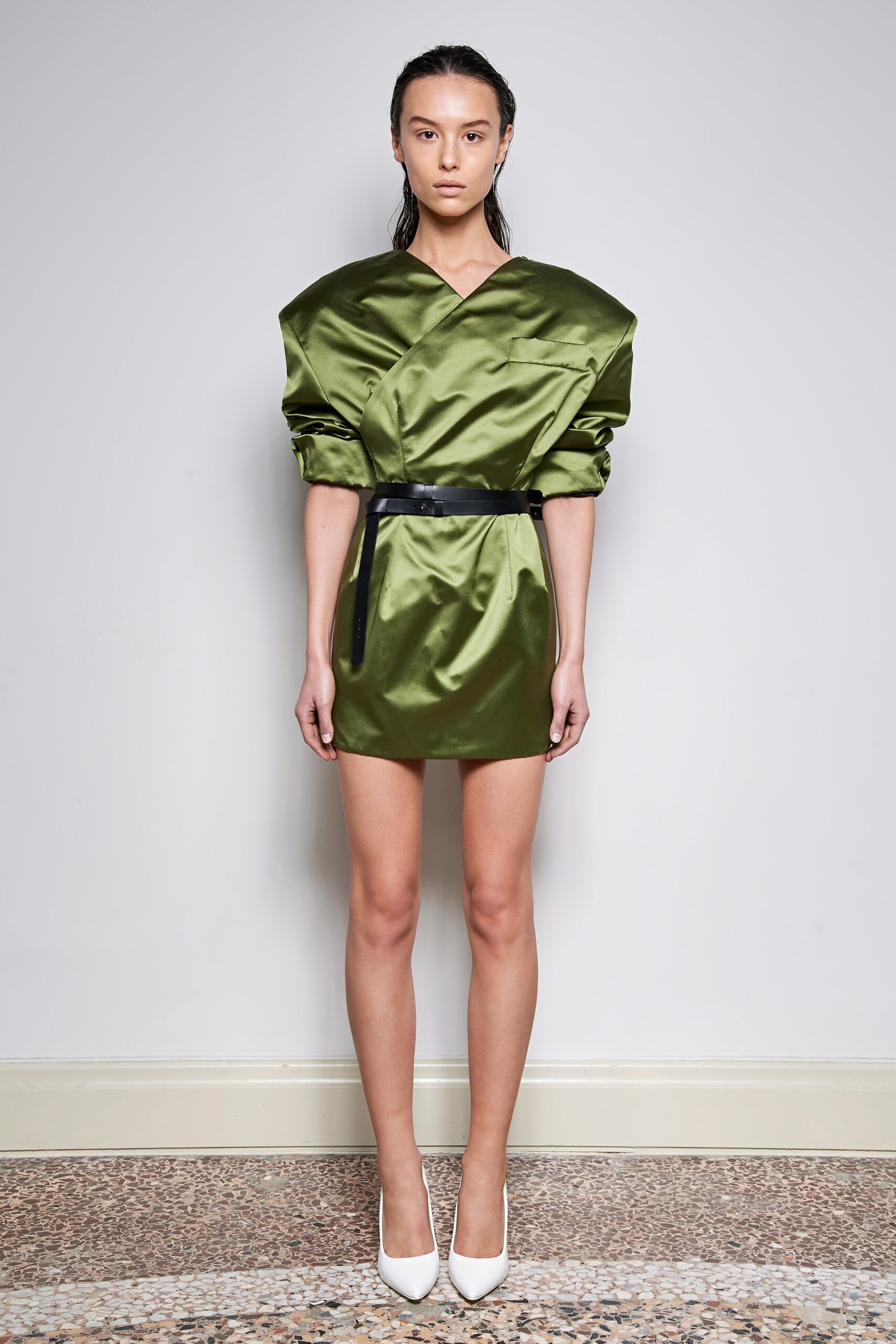 green satin long-sleeve v-neck fitted structured belted dress