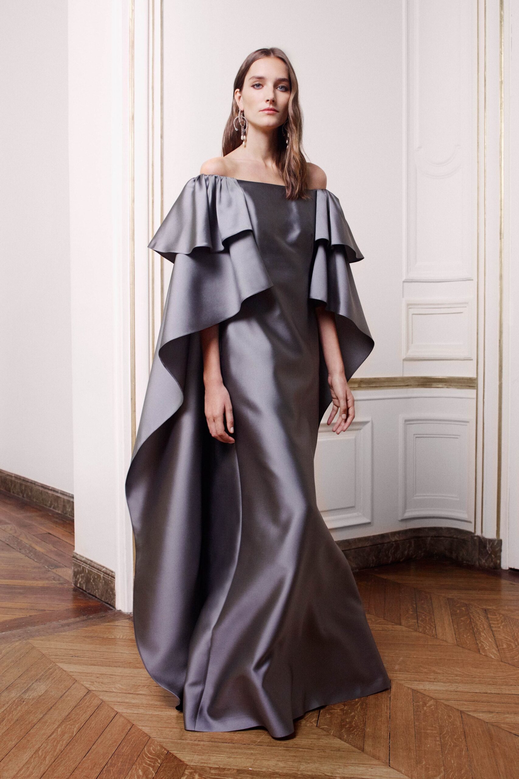 gray silk off-shoulder gown
