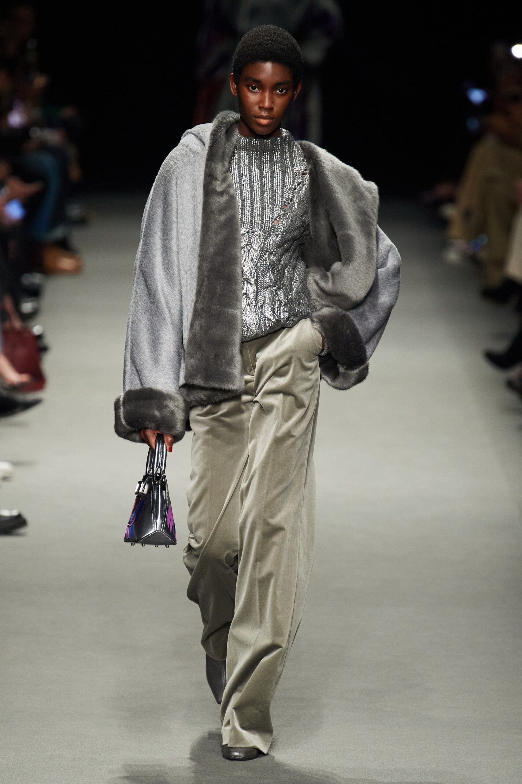 metallic top with faux-fur coat