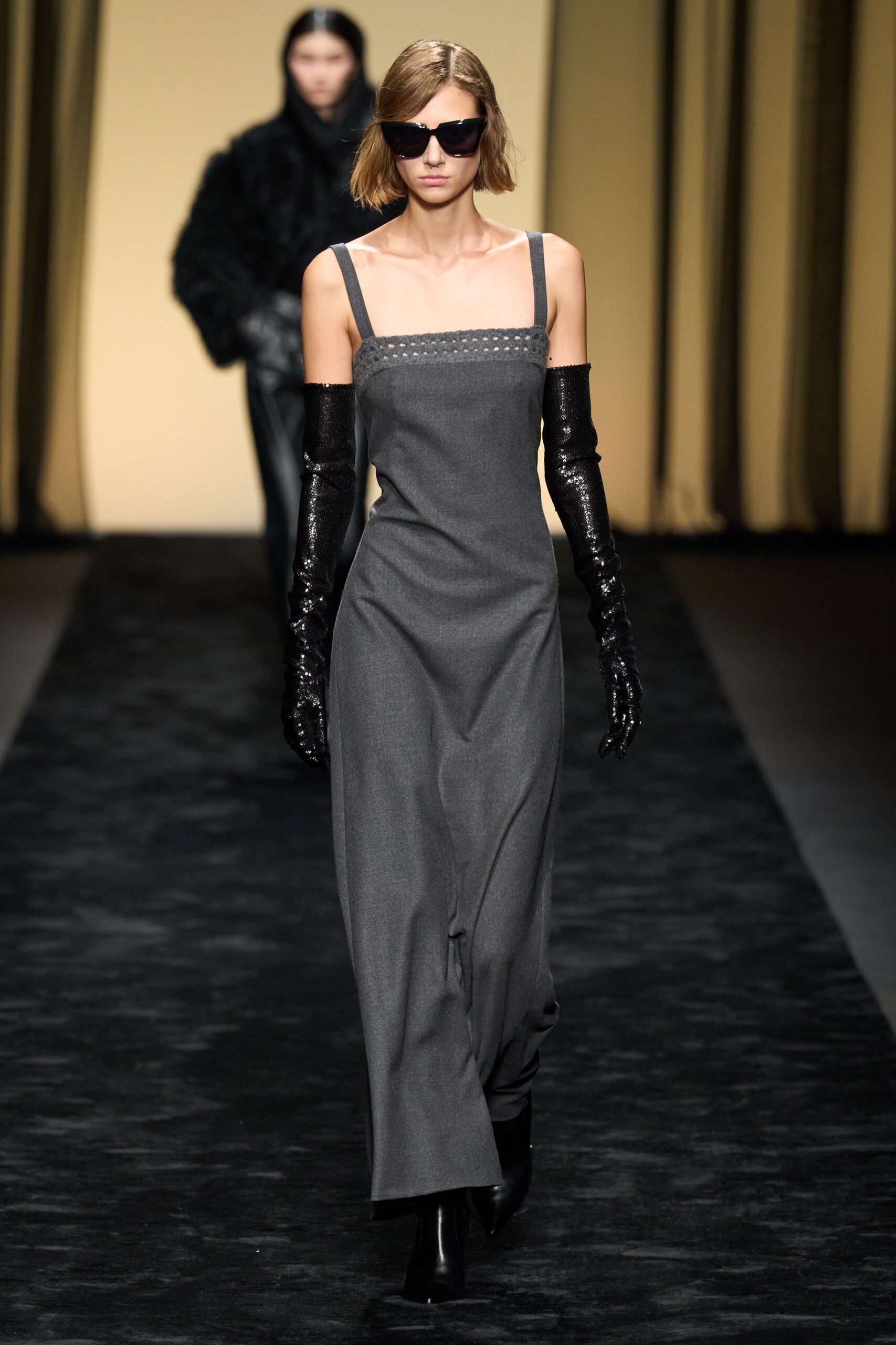 gray wool sleeveless square-neck fitted straight-leg maxi dress