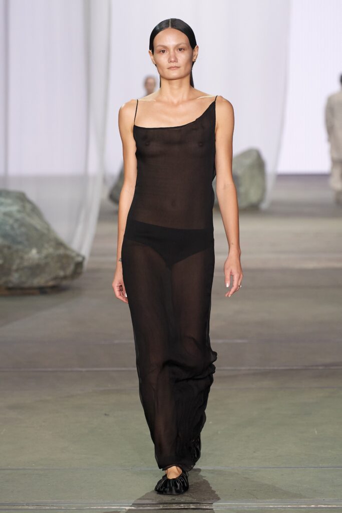 A fitted black sheer dress with a sleeveless design and V-neckline.