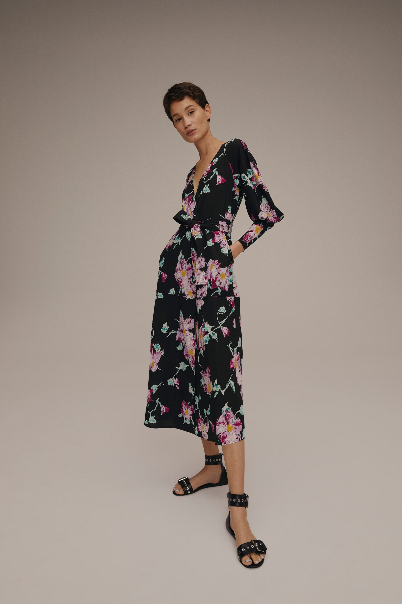 black floral midi dress with shoes