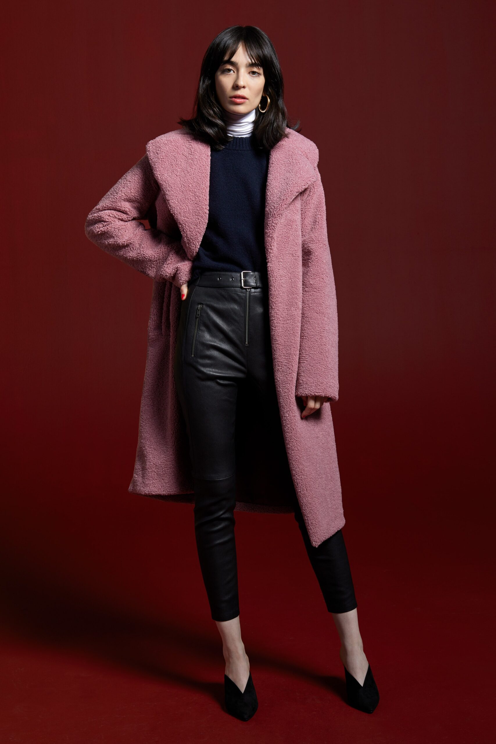 pink faux-fur coat with fitted top